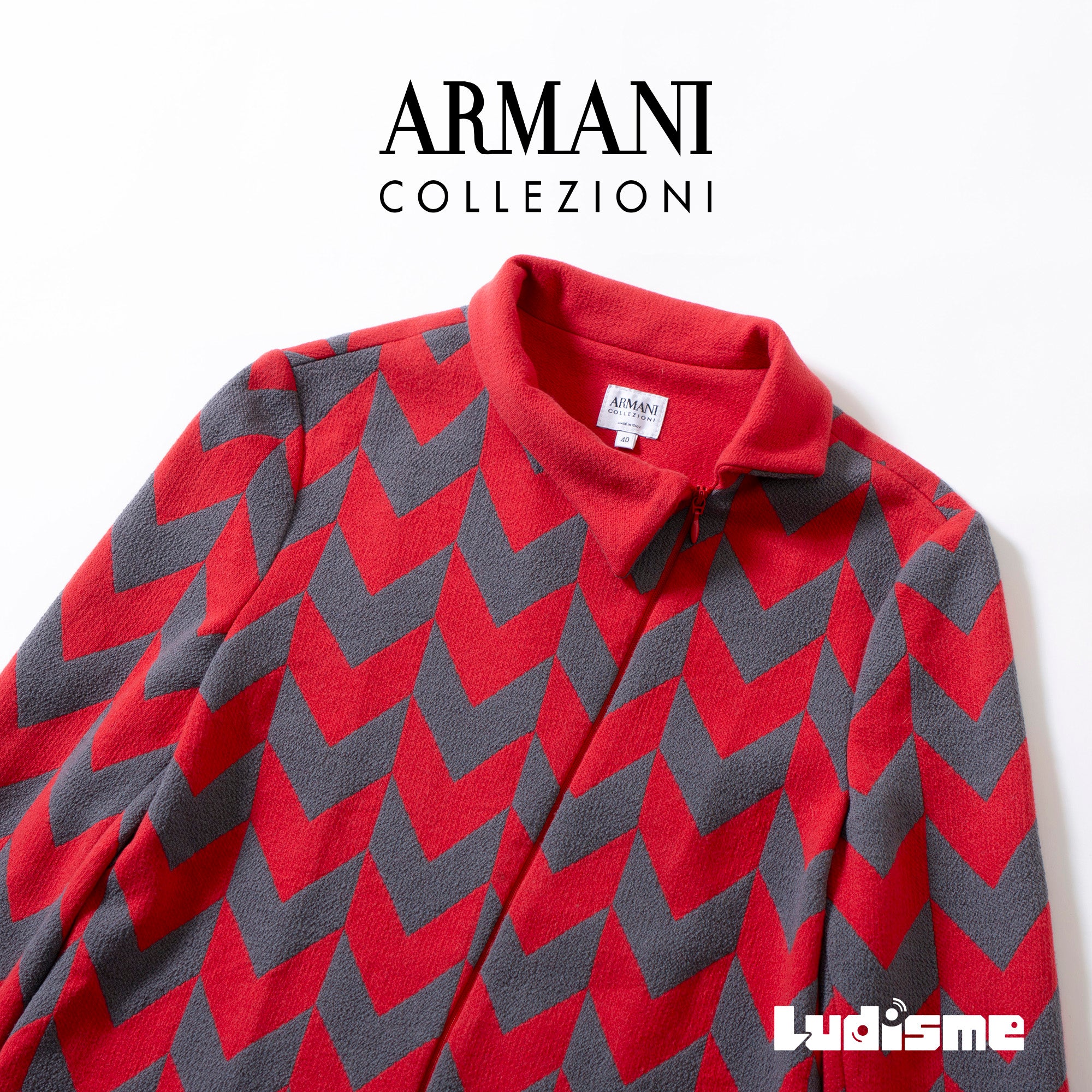 アルマーニ コレッツォーニ ARMANI COLLEZIONI ジャケット ライダース風 幾何学模様 総柄 レッド グレー 40 レディース アウター
