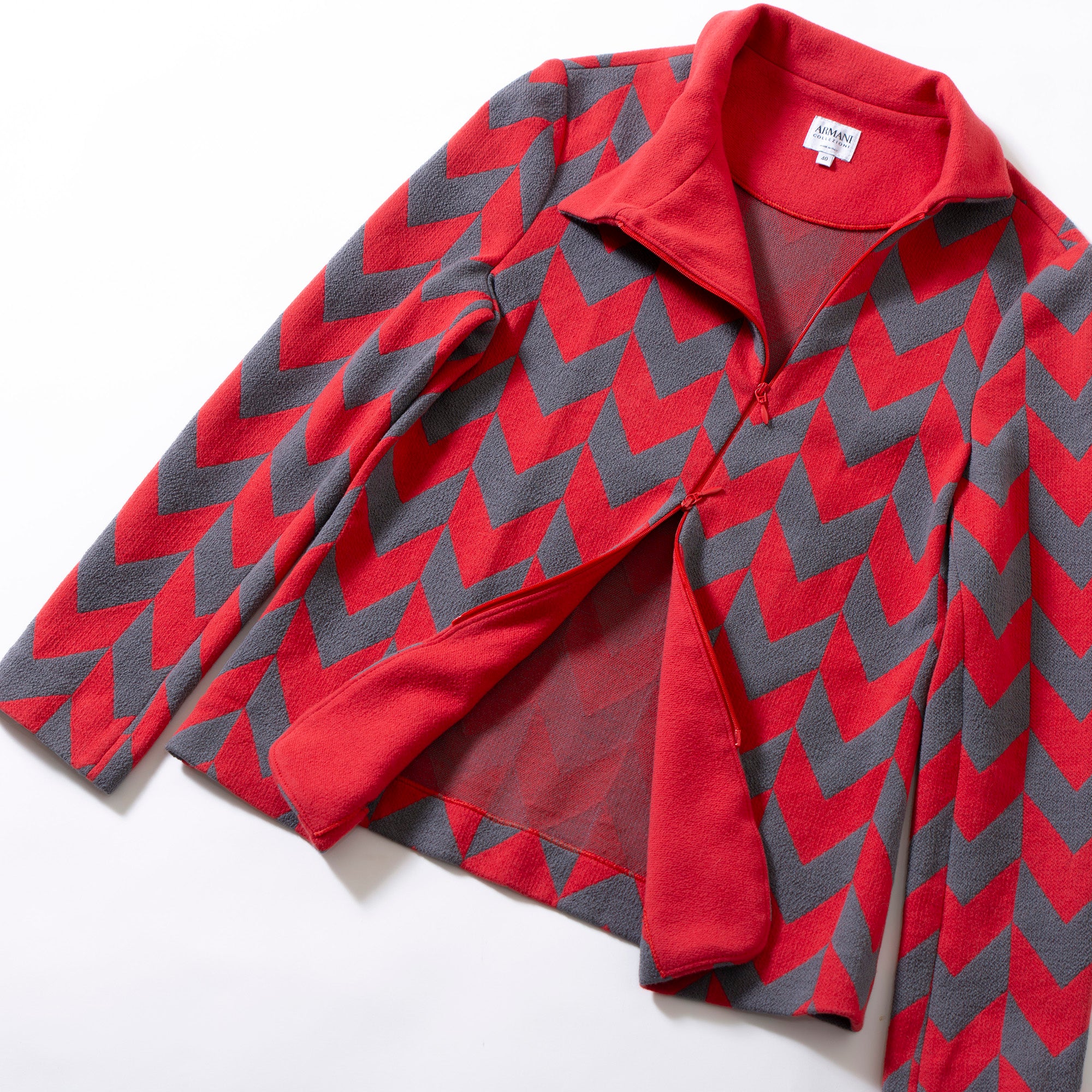 アルマーニ コレッツォーニ ARMANI COLLEZIONI ジャケット ライダース風 幾何学模様 総柄 レッド グレー 40 レディース アウター