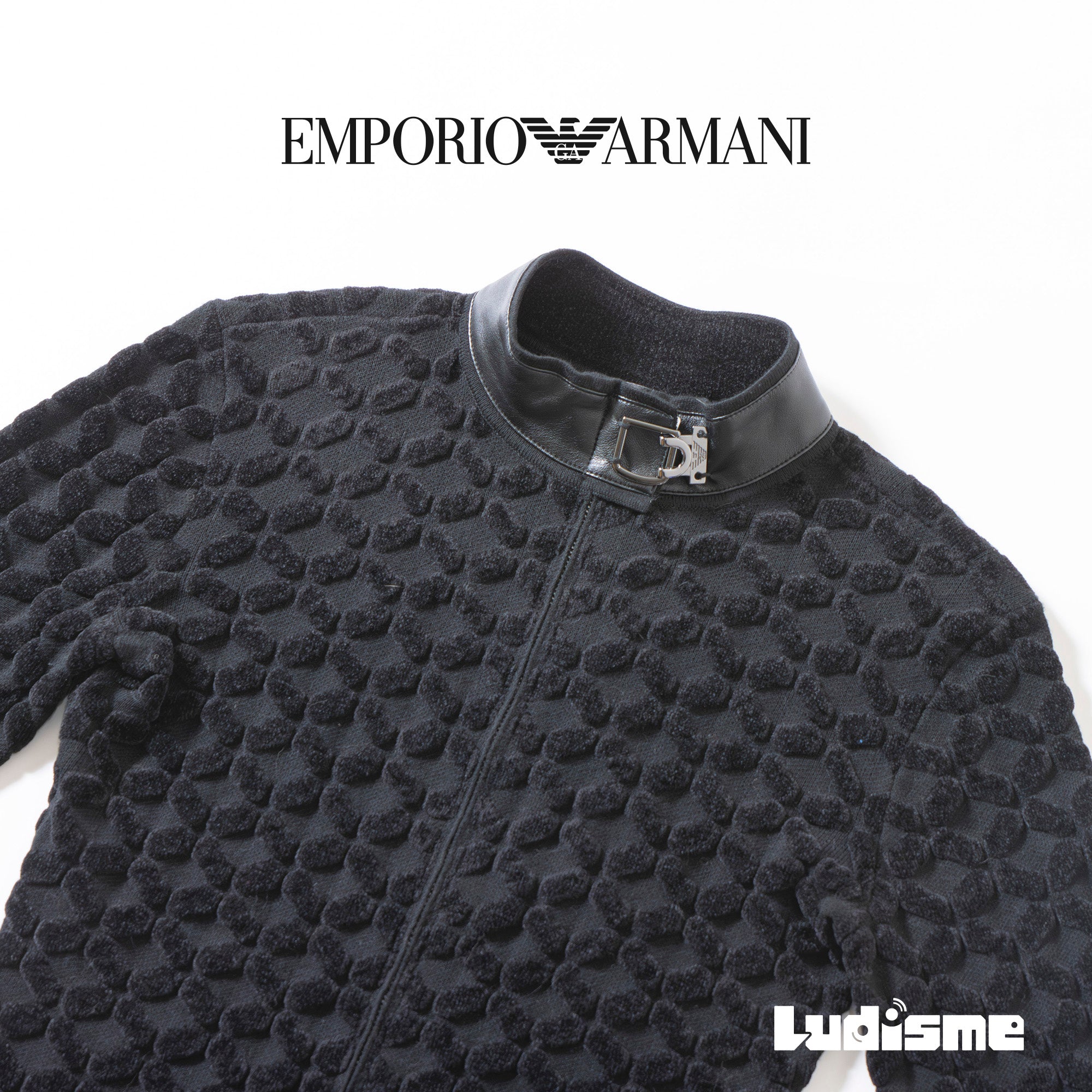 エンポリオ アルマーニ EMPORIO ARMANI ドライバーズニット ジップアップ レザー切替 ブラック 40 3Dニット ブルゾン レディース メンズ