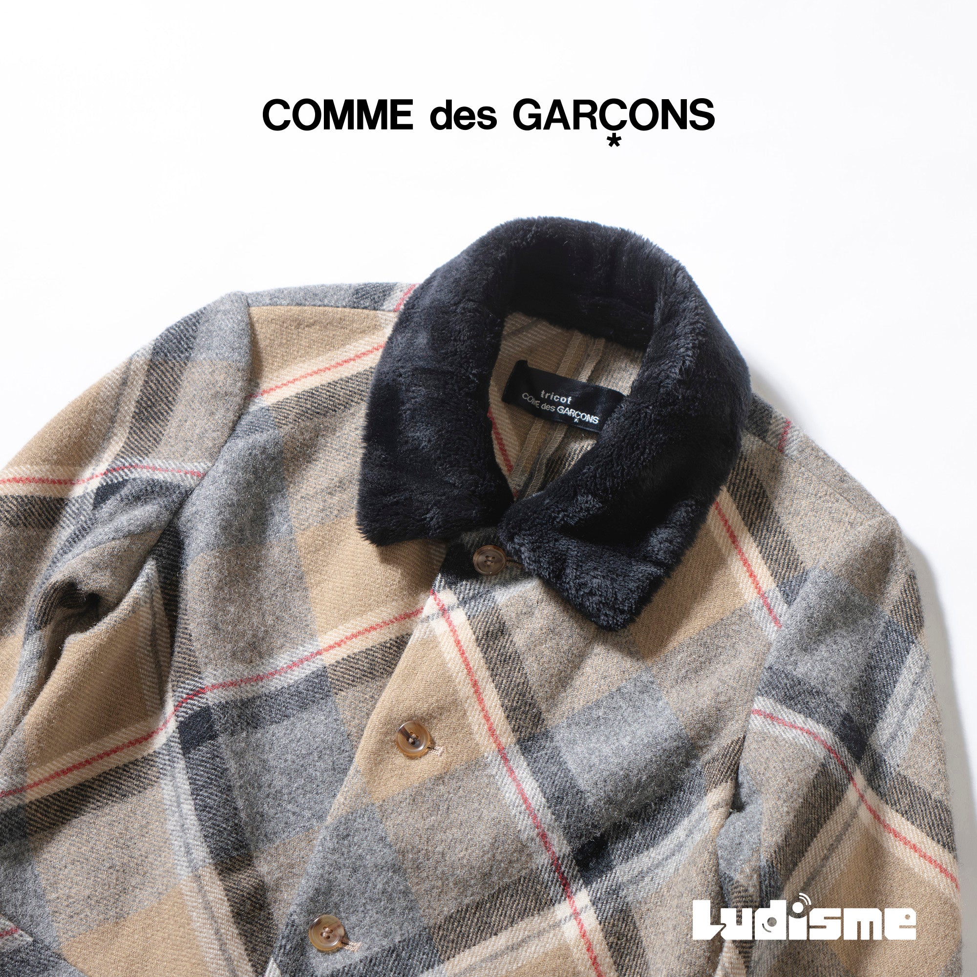 Comme des Garçons tricot AD1996 Checked Wool Jacket with Fur Collar, Women's, Made in Japan, Used Outerwear Blouson