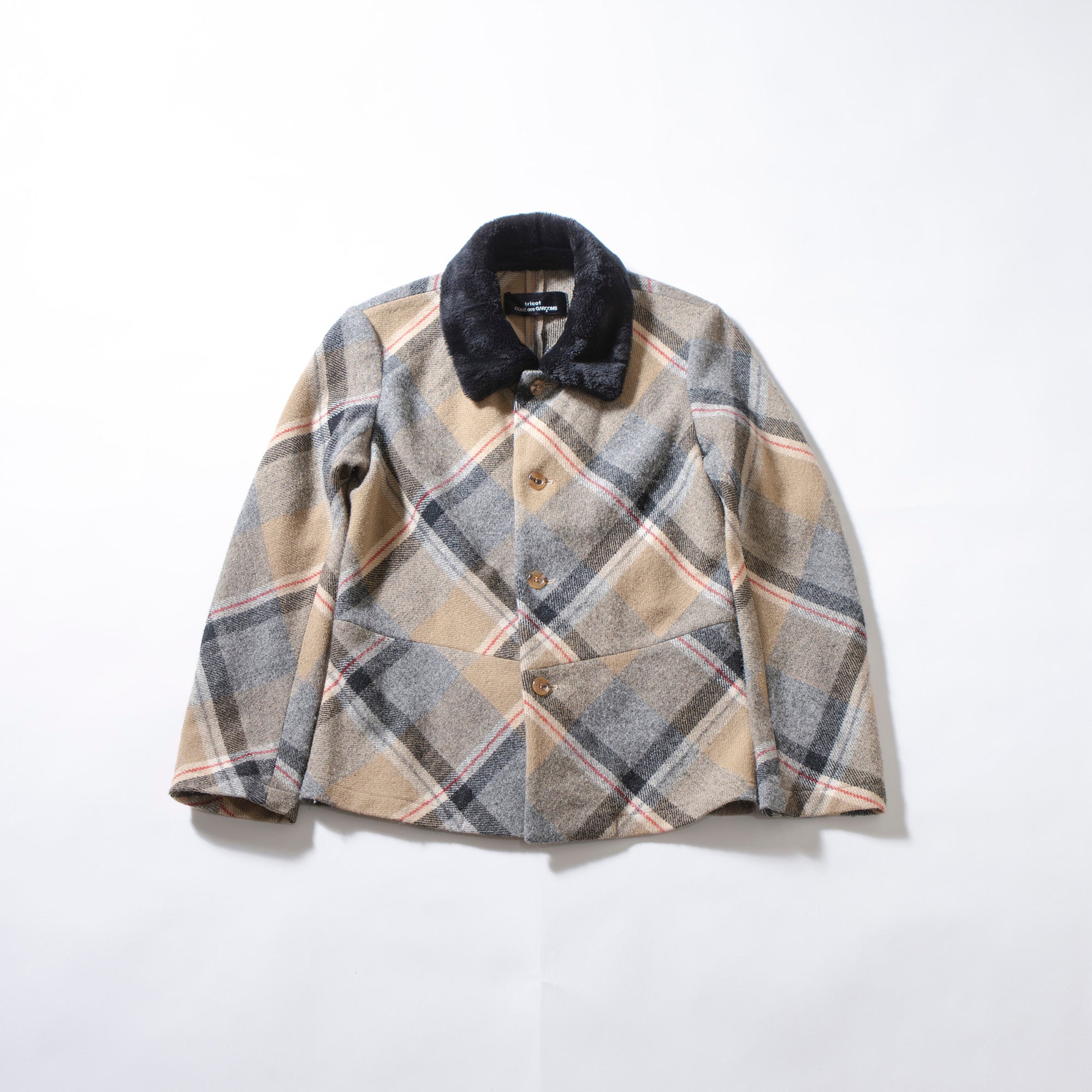 Comme des Garçons tricot AD1996 Checked Wool Jacket with Fur Collar, Women's, Made in Japan, Used Outerwear Blouson