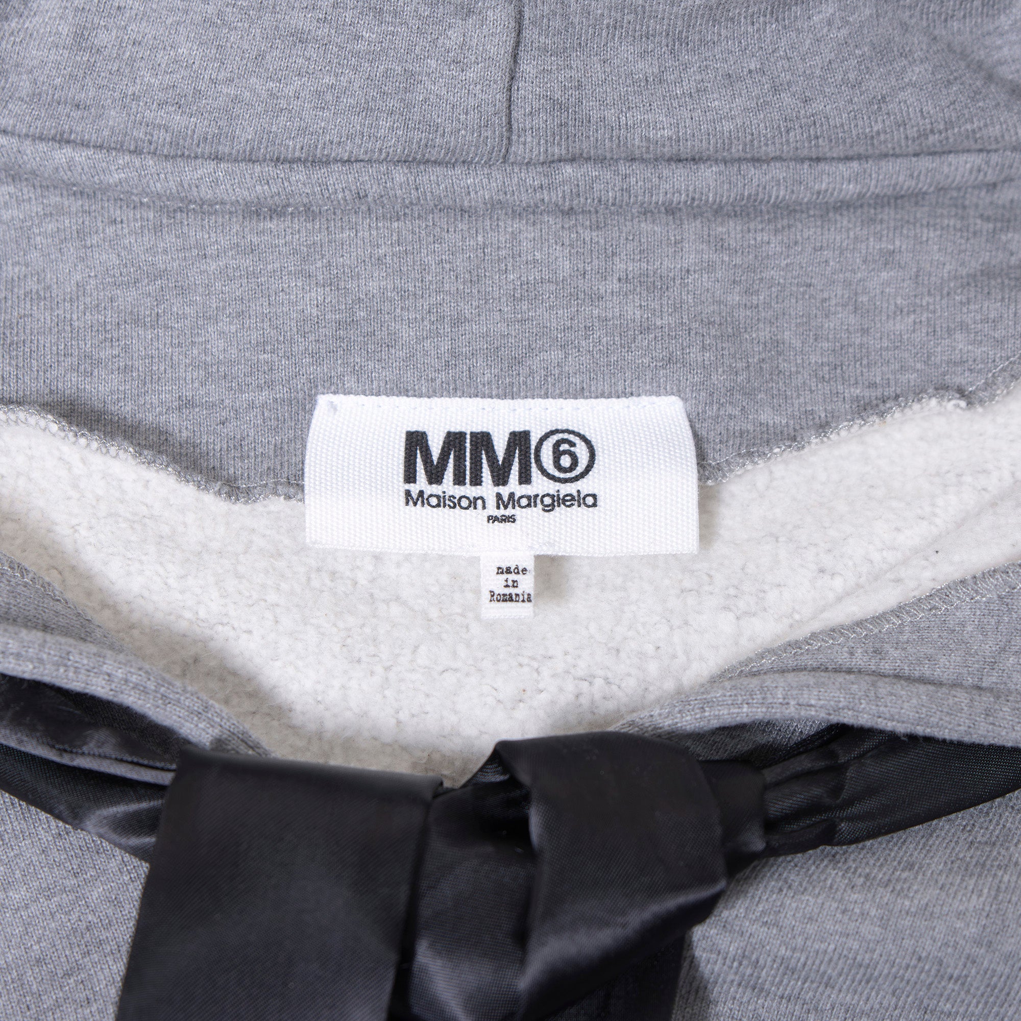 MM6 Maison Margiela fleece-lined hoodie in gray with a sailor collar and satin ribbon, size S.