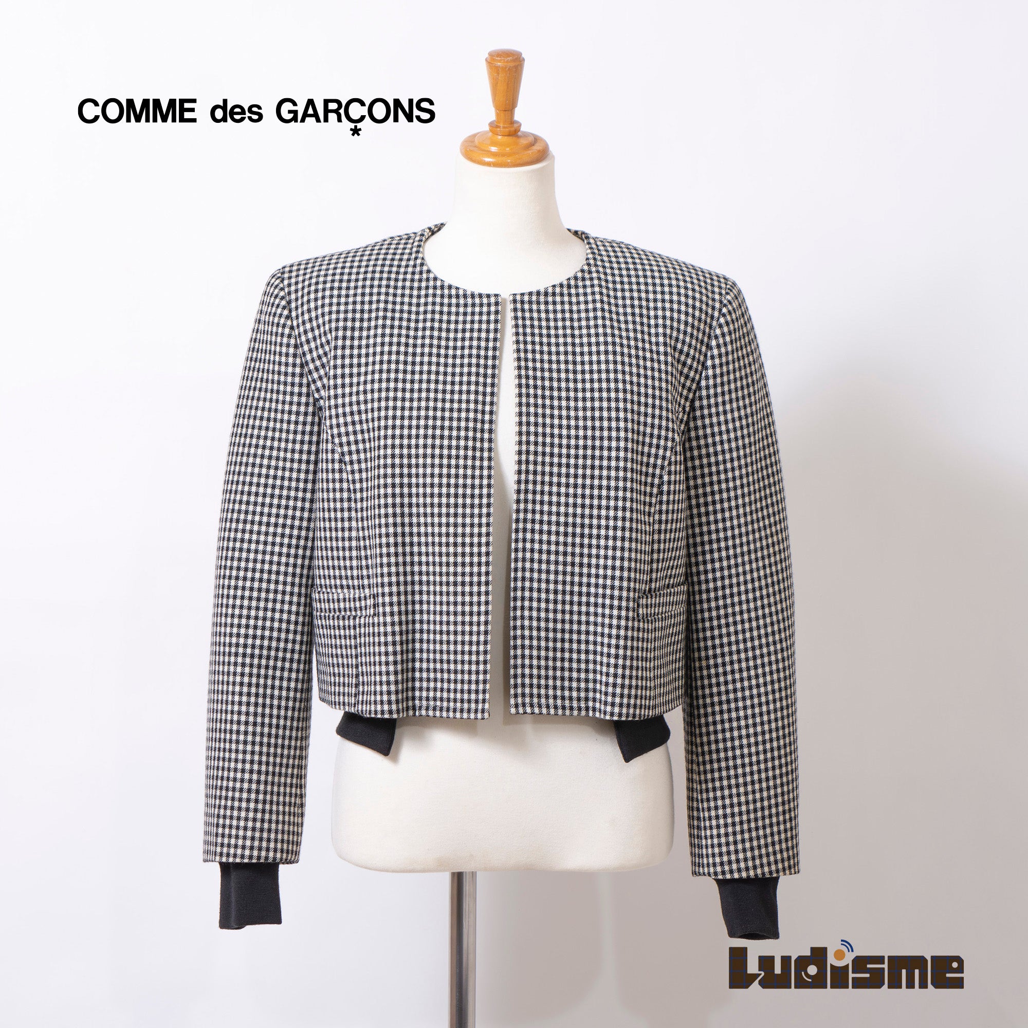 Comme des Garçons collarless jacket AD1989 with liner, archive Rei Kawakubo houndstooth check pattern short blouson