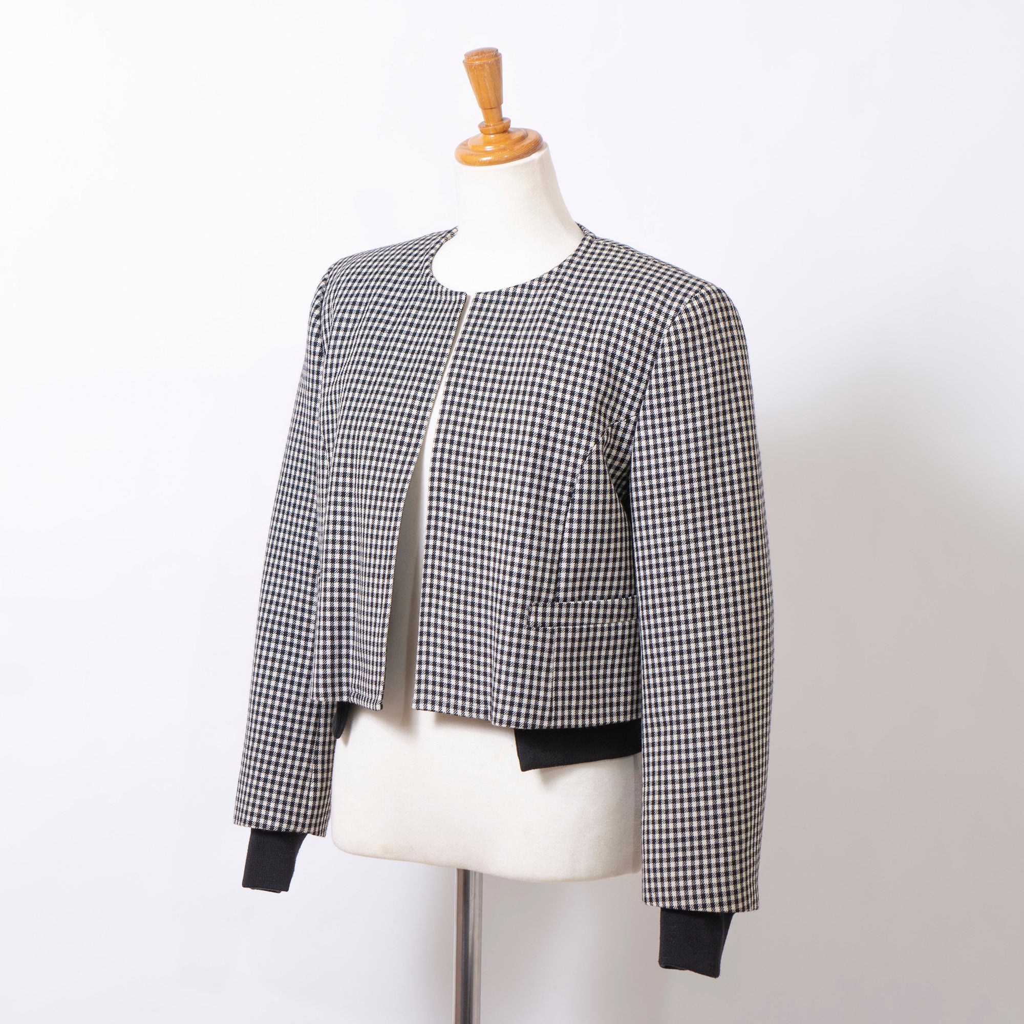 Comme des Garçons collarless jacket AD1989 with liner, archive Rei Kawakubo houndstooth check pattern short blouson