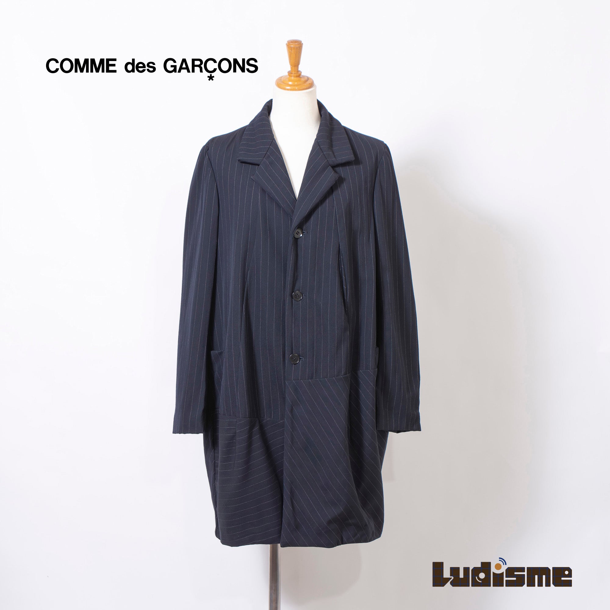 Comme des Garçons Balloon Coat, Navy, AD1992, Striped, Archive, Rei Kawakubo, Long Coat, Outerwear Jacket