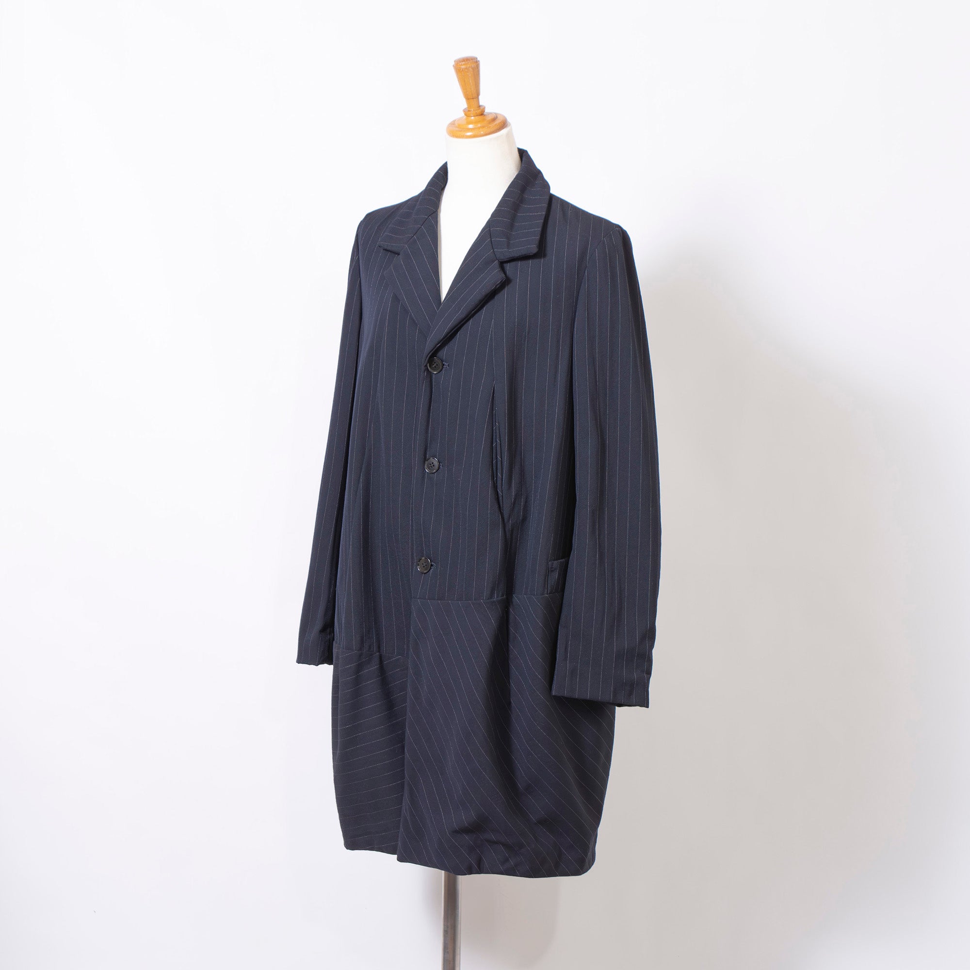 Comme des Garçons Balloon Coat, Navy, AD1992, Striped, Archive, Rei Kawakubo, Long Coat, Outerwear Jacket