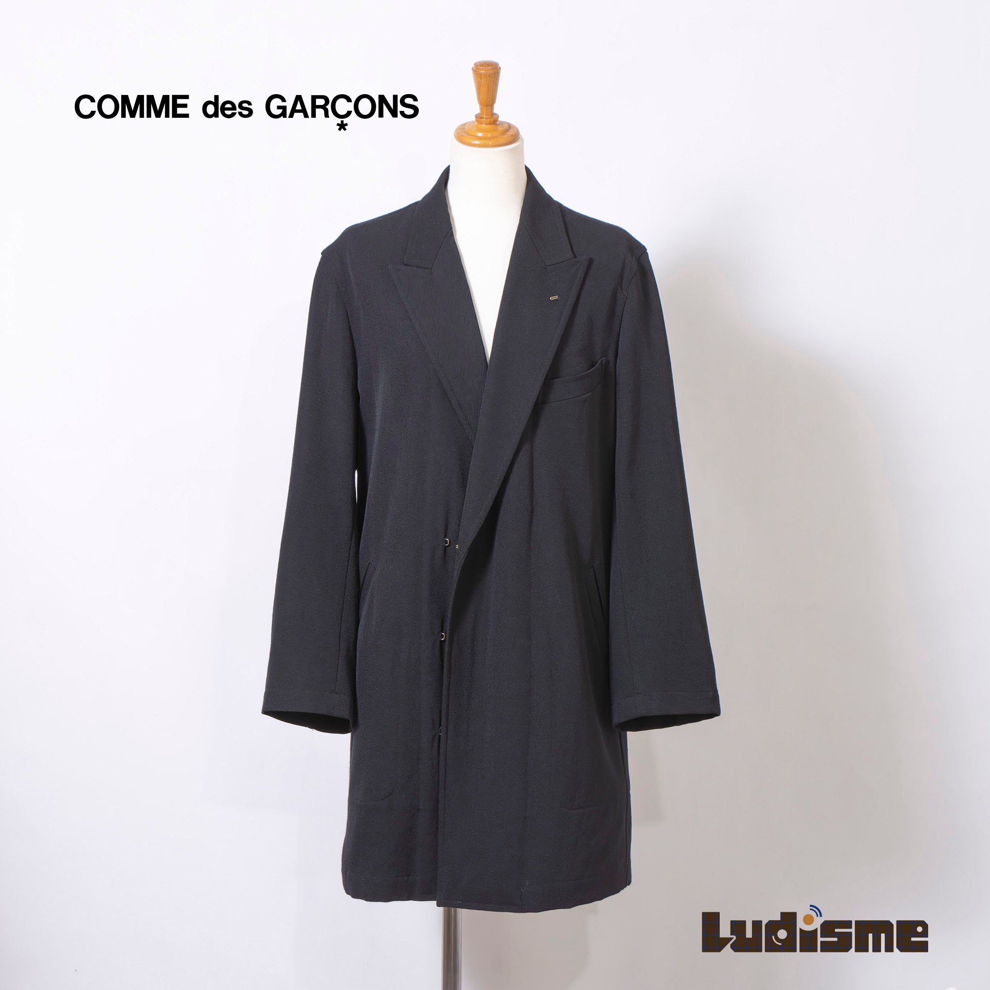 Comme des Garçons Robe de Chambre Long Coat in Black, AD1998, with Hook and Arrow Buttons, Archive, Rei Kawakubo Wool Coat