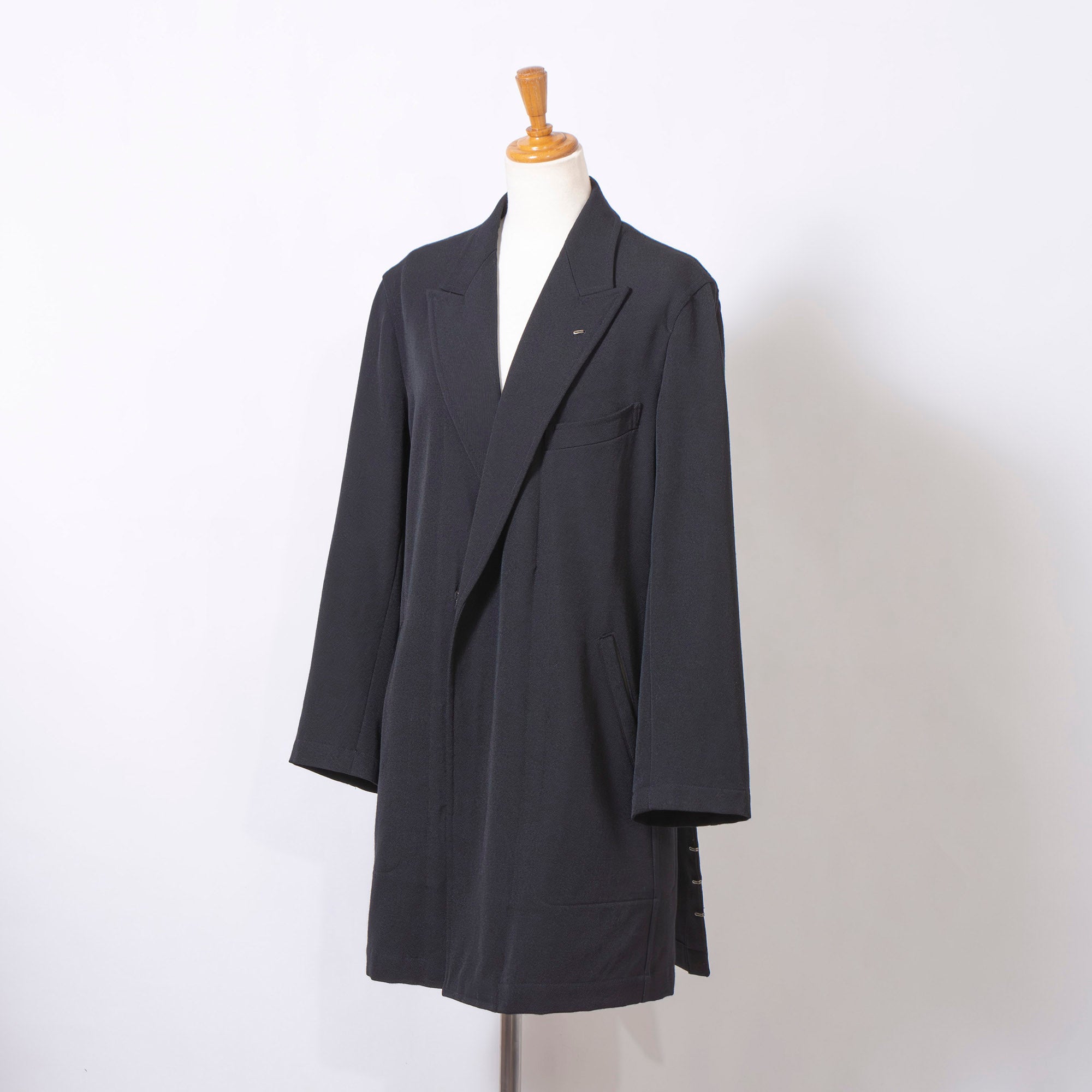 Comme des Garçons Robe de Chambre Long Coat in Black, AD1998, with Hook and Arrow Buttons, Archive, Rei Kawakubo Wool Coat