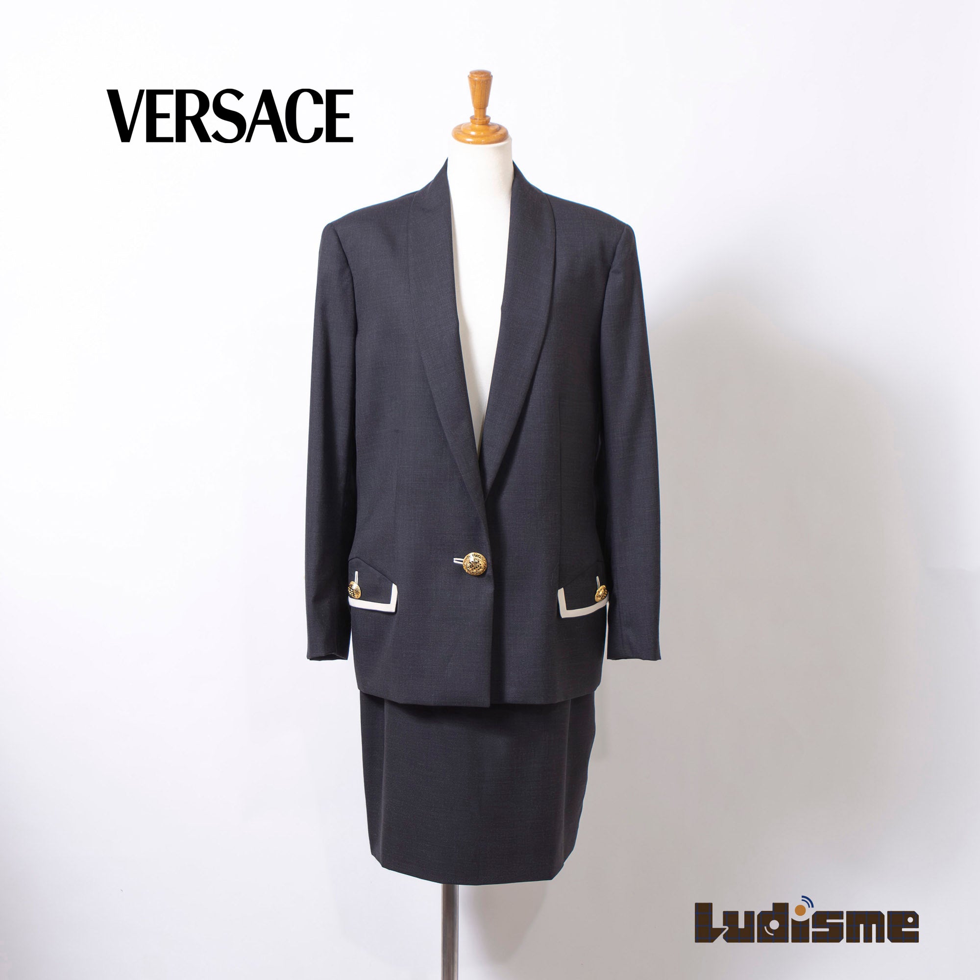 Versace GIANNI VERSACE COUTURE Women's Dark Gray Wool and Silk Skirt Suit with Gold Buttons, New with Tags