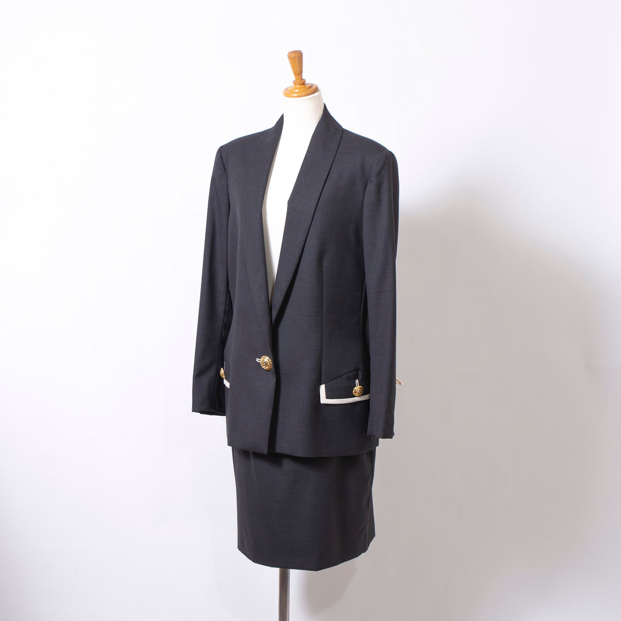 Versace GIANNI VERSACE COUTURE Women's Dark Gray Wool and Silk Skirt Suit with Gold Buttons, New with Tags