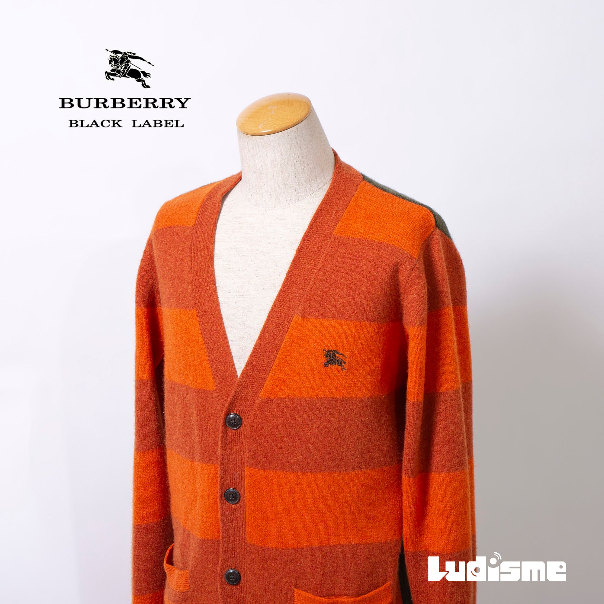 Burberry Black Label Men's Wool Striped Knit Cardigan with Embroidered Logo, Orange, Brown, and Khaki, Size 3