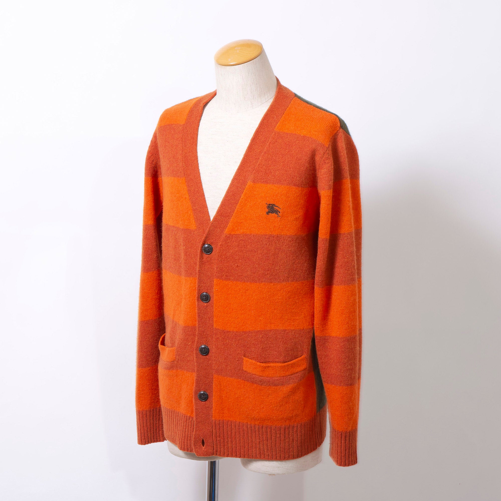 Burberry Black Label Men's Wool Striped Knit Cardigan with Embroidered Logo, Orange, Brown, and Khaki, Size 3