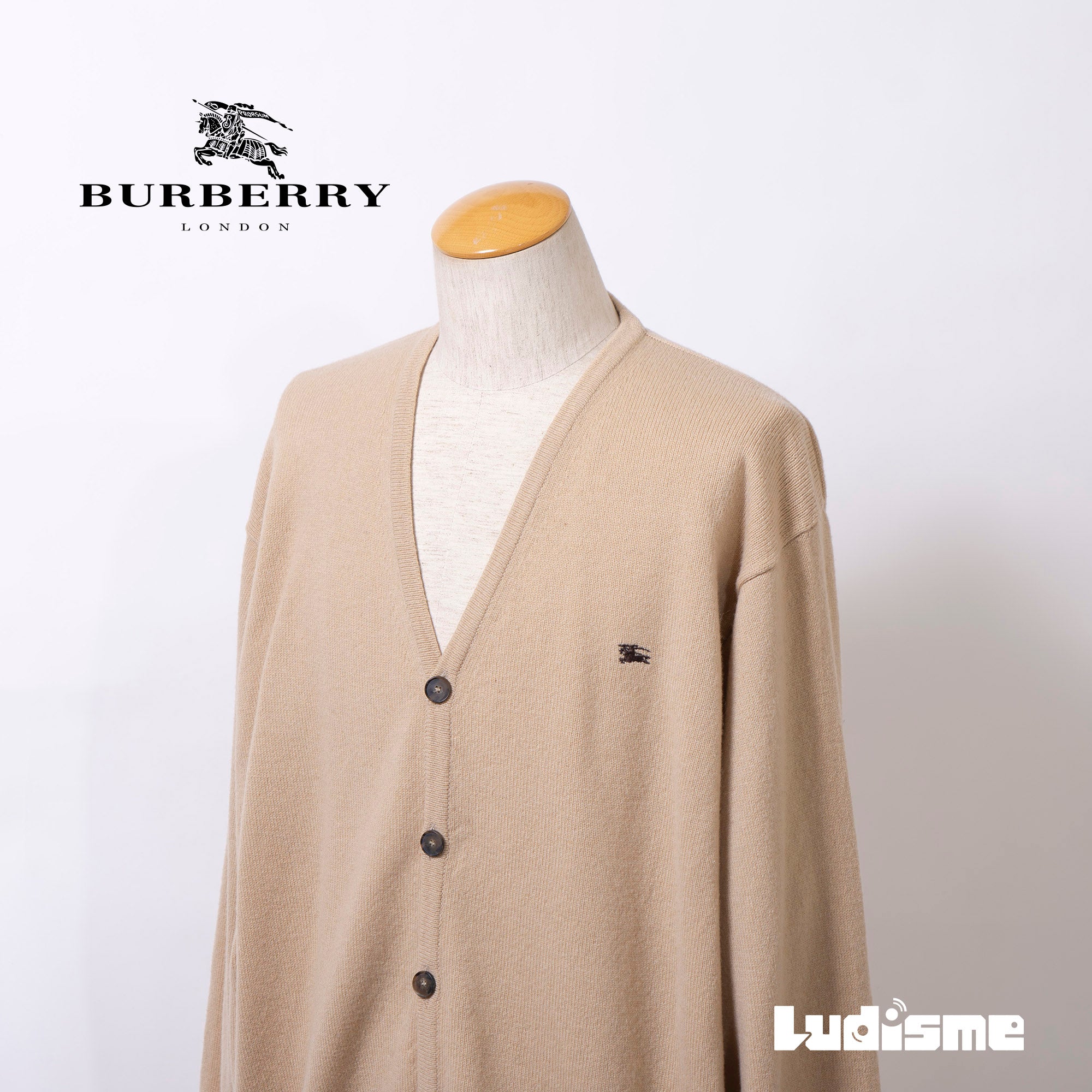 Burberry London Knit Cardigan, 100% Lambswool, Beige with Embroidered Logo, Men's, Size XL, Made in Italy, Oversized