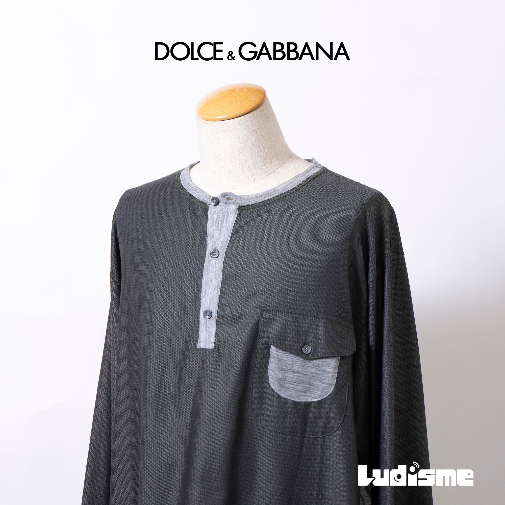 Dolce &amp; Gabbana Henley neck long-sleeve cut-and-sew khaki and gray reconstructed docking pocket T-shirt size 56, made in Italy