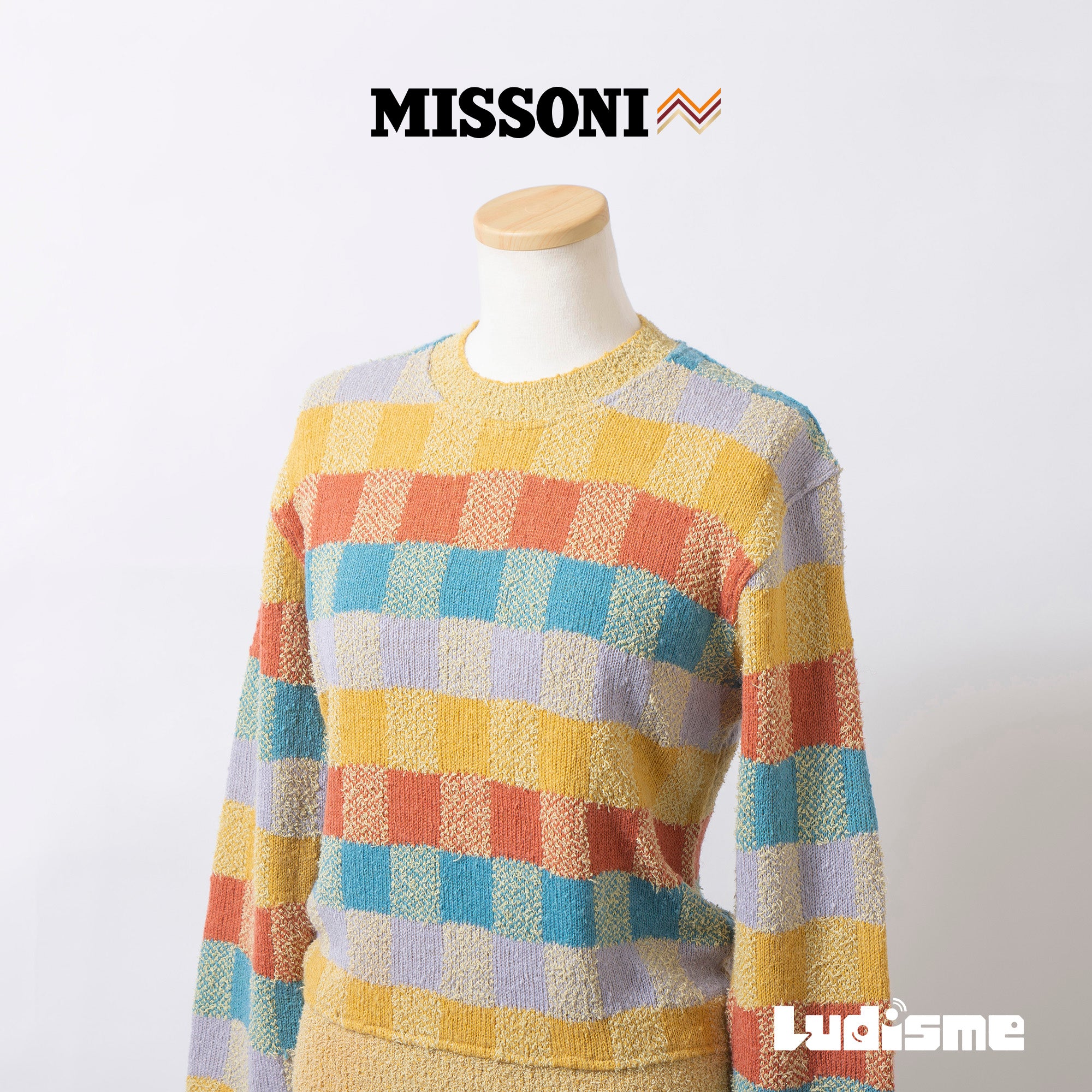 【古着】ミッソーニ MISSONI クルーネック ニット セーター ブークレ チェック柄 マルチカラー S 長袖 イタリア製 レディース ユニセックス メンズ【中古】【ブランド古着】【USED】