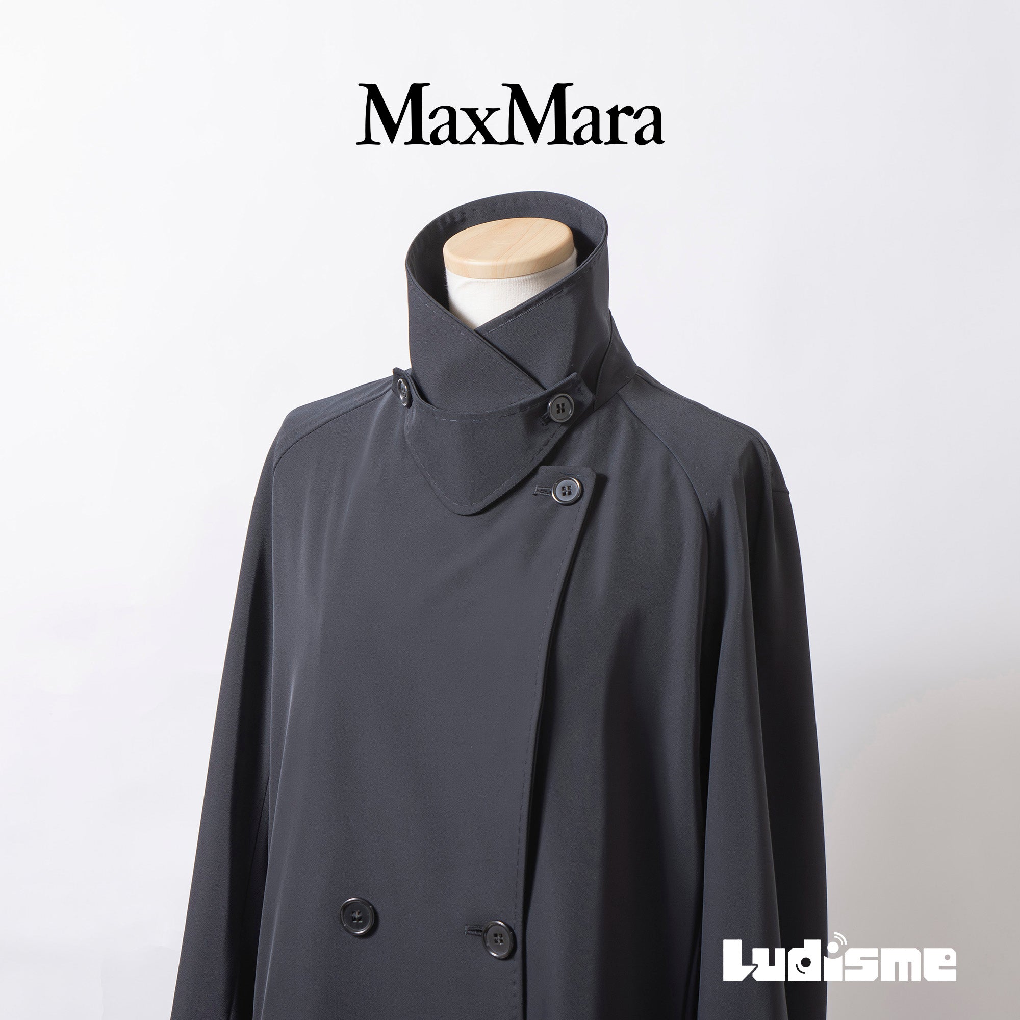 マックスマーラ MaxMara トレンチコート ダブル ブラック 光沢あり ステッチ イタリア製 ポリエステル ポリウレタン アウター ロングコート