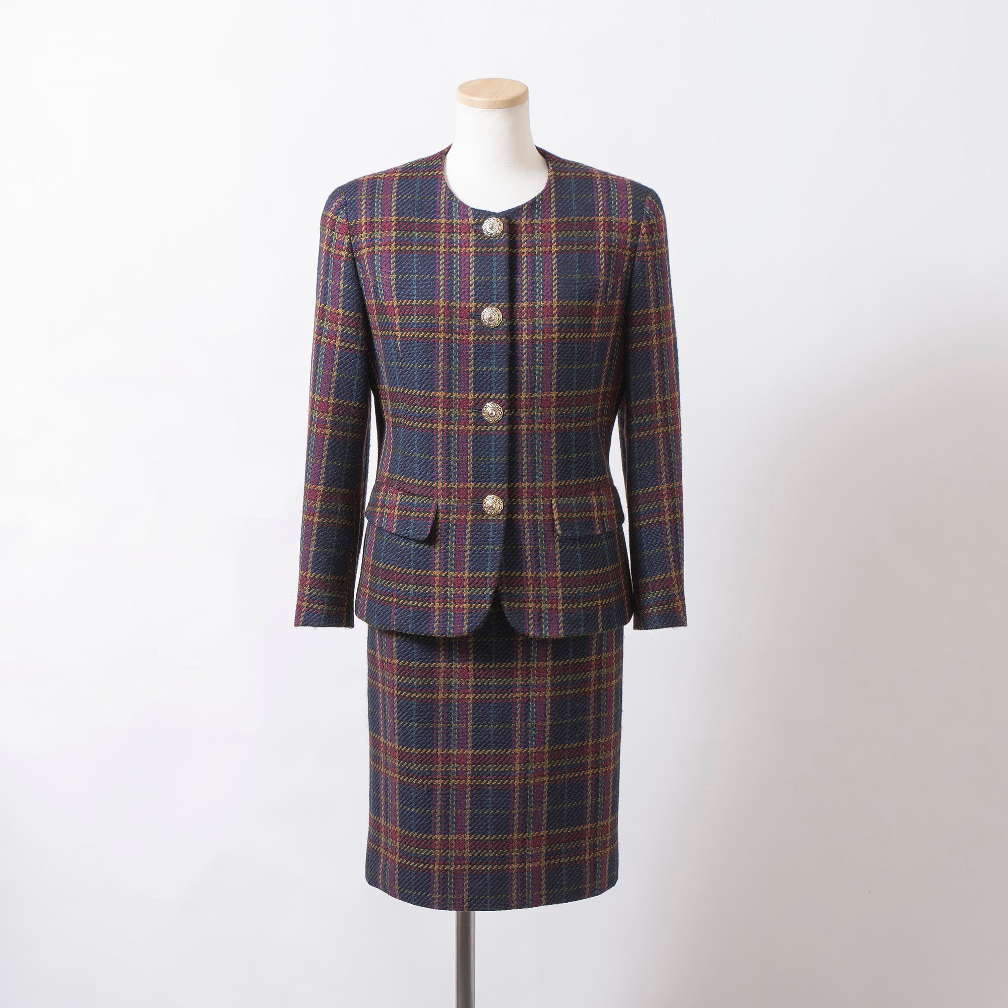 Burberrys 90s Tweed Set-up Jacket and Skirt, Check Pattern, Multicolor, Collarless, Gold Buttons, Wool-Silk Blend.