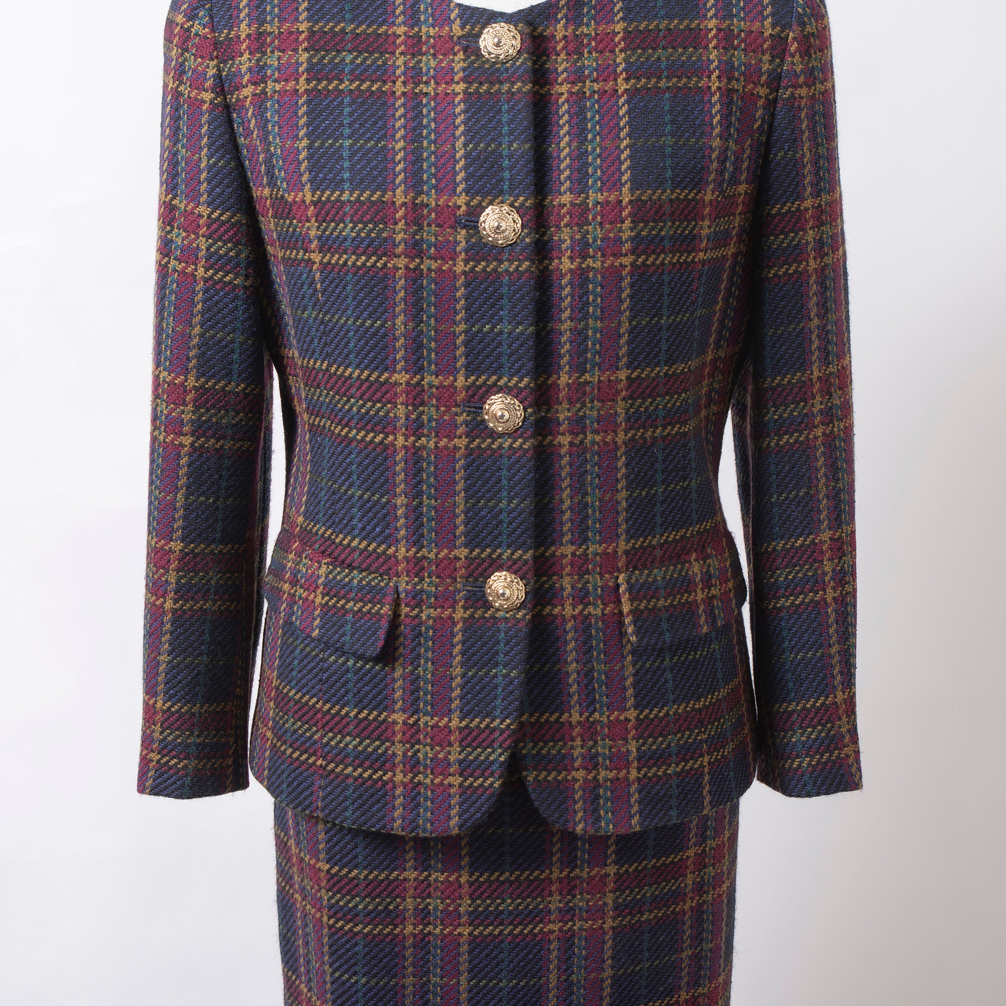 Burberrys 90s Tweed Set-up Jacket and Skirt, Check Pattern, Multicolor, Collarless, Gold Buttons, Wool-Silk Blend.