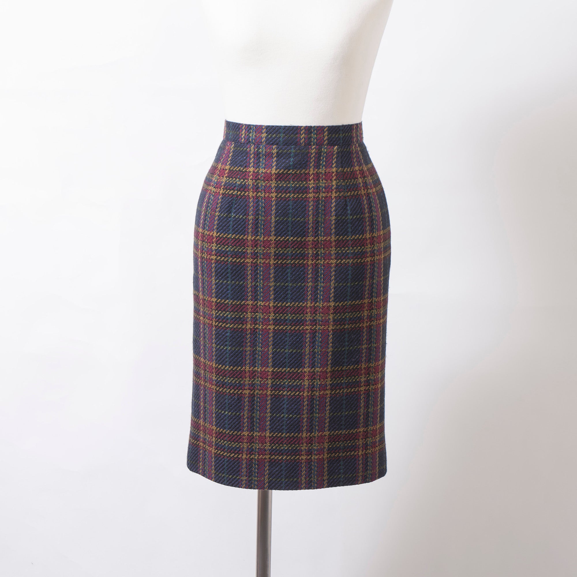 Burberrys 90s Tweed Set-up Jacket and Skirt, Check Pattern, Multicolor, Collarless, Gold Buttons, Wool-Silk Blend.