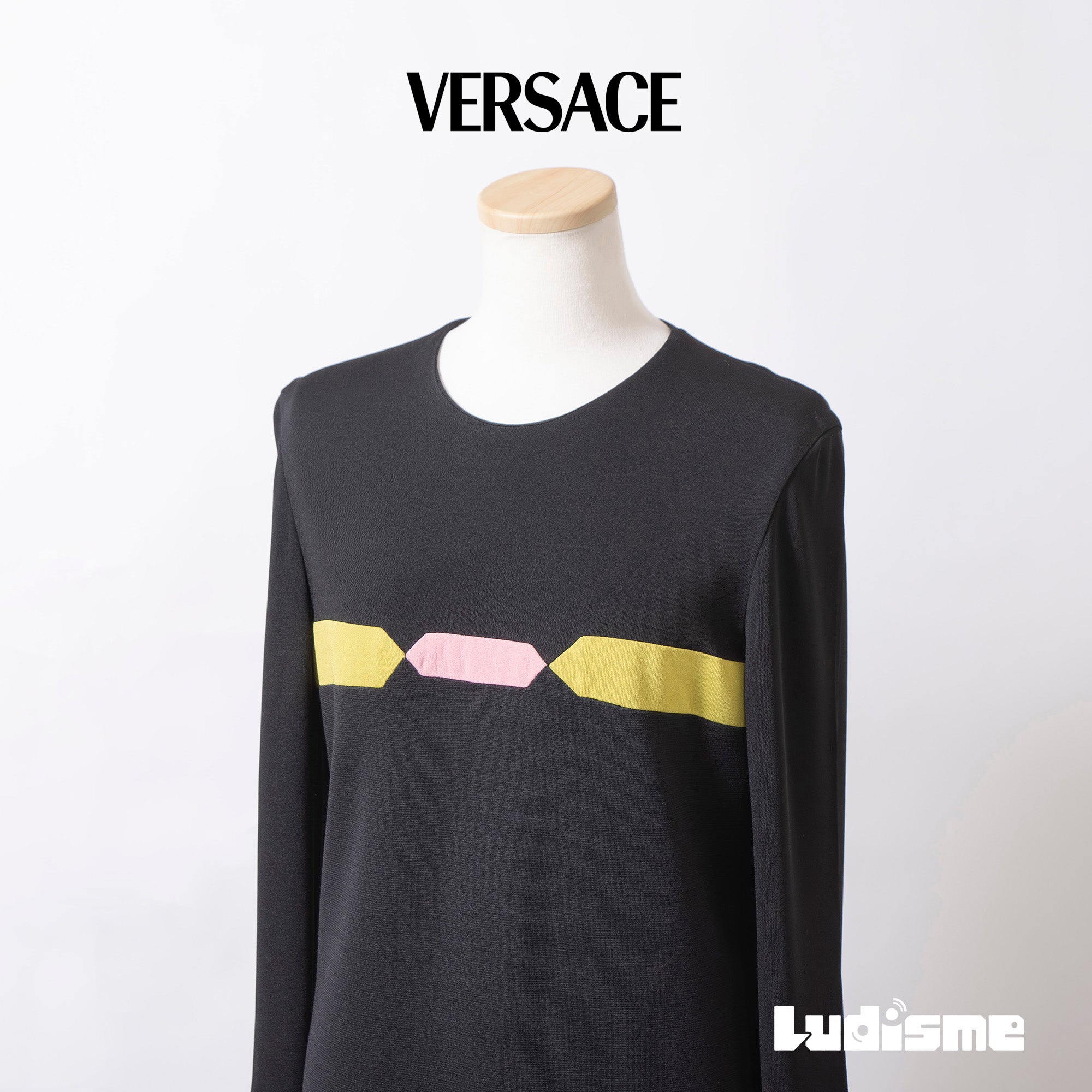 ヴェルサーチ GIANNI VERSACE COUTURE ニットワンピース 幾何学デザイン ブラック イエロー×ピンク 長袖 ウール混 レディース イタリア製