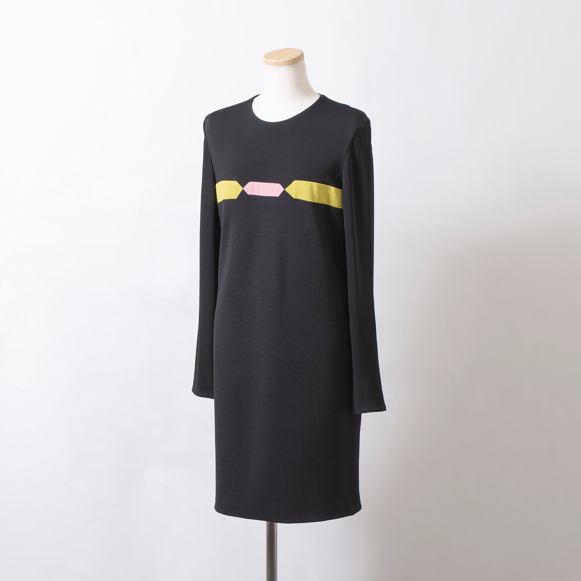 ヴェルサーチ GIANNI VERSACE COUTURE ニットワンピース 幾何学デザイン ブラック イエロー×ピンク 長袖 ウール混 レディース イタリア製