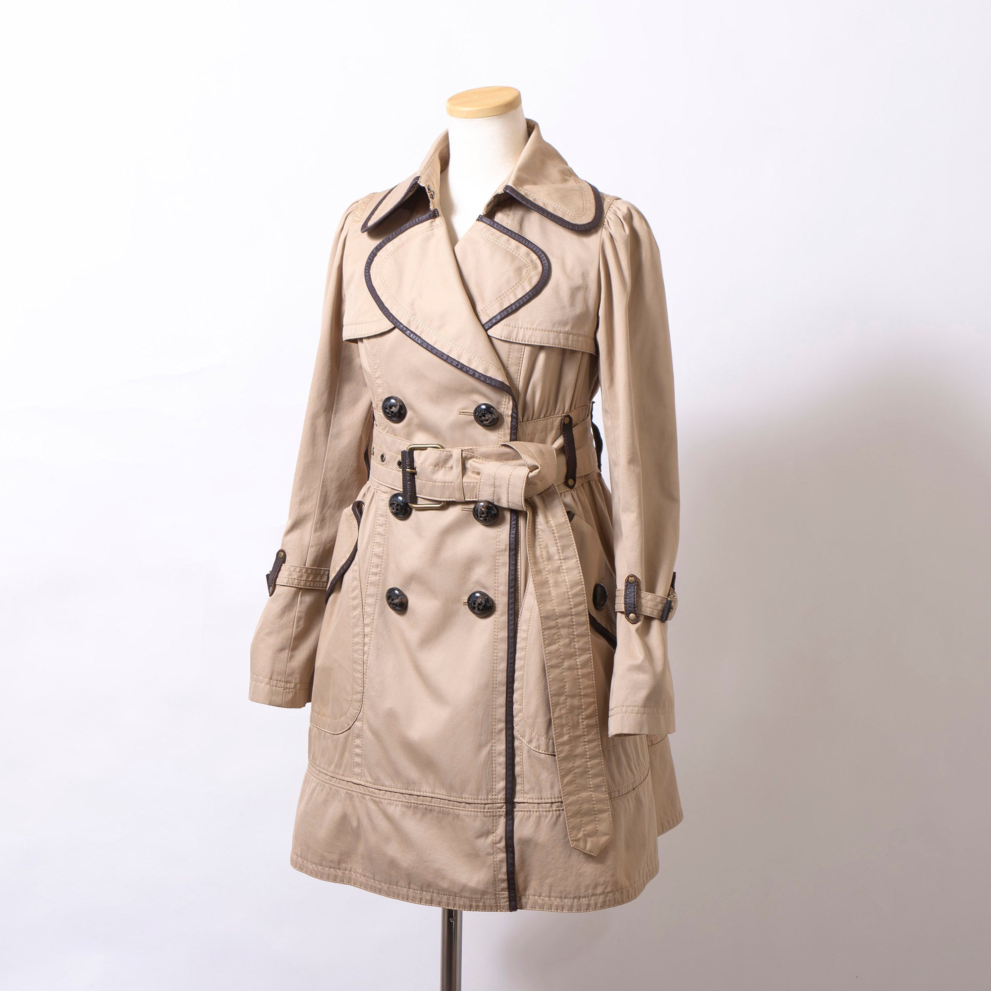 バーバリー ブルーレーベル BURBERRY BLUE LABEL トレンチコート 36 ベージュ レディース レザーパイピング 変形トレンチ ステンカラー