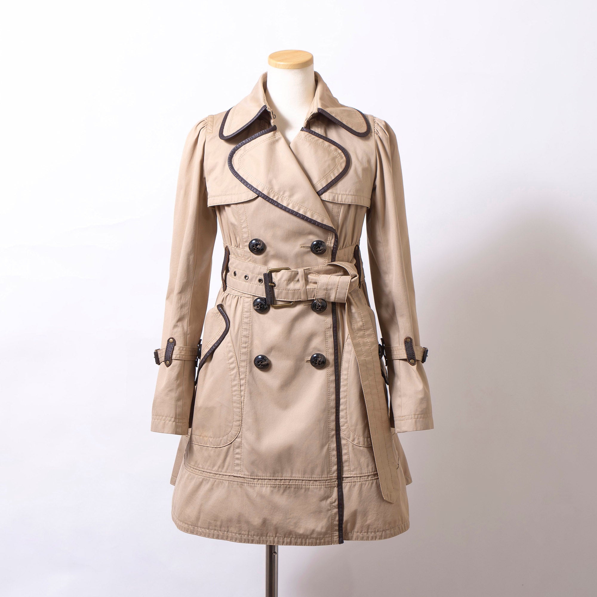バーバリー ブルーレーベル BURBERRY BLUE LABEL トレンチコート 36 ベージュ レディース レザーパイピング 変形トレンチ ステンカラー