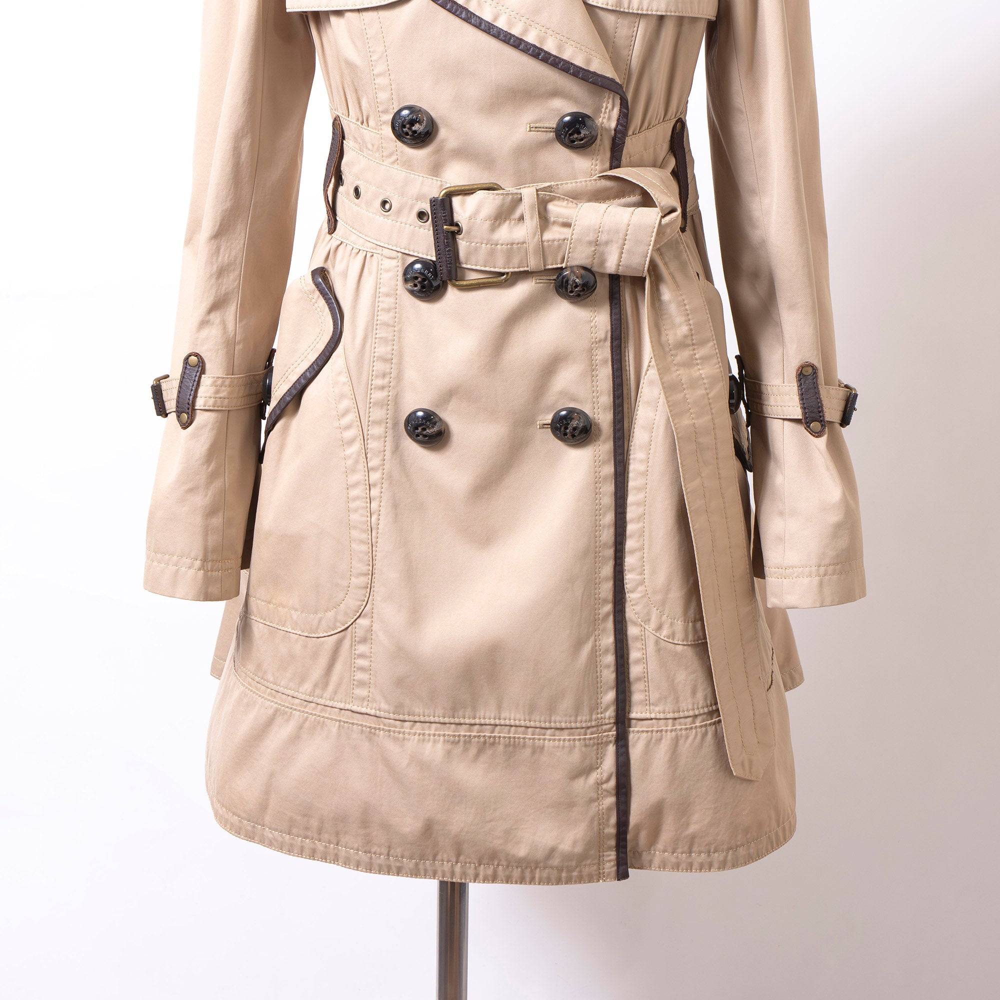 バーバリー ブルーレーベル BURBERRY BLUE LABEL トレンチコート 36 ベージュ レディース レザーパイピング 変形トレンチ ステンカラー