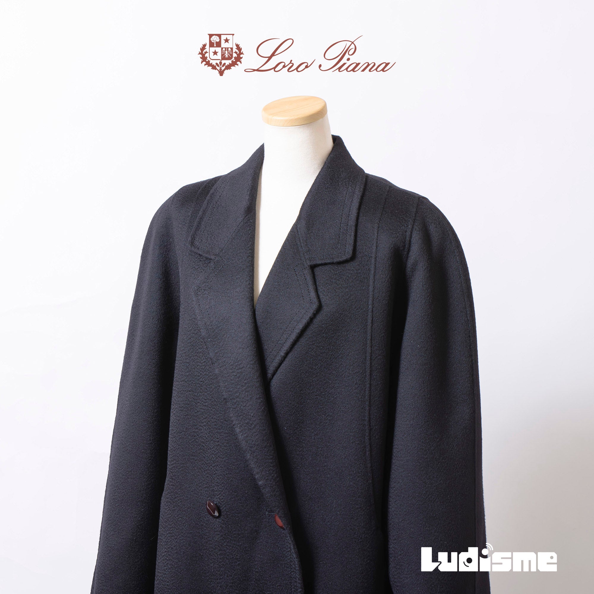 ロロピアーナ Loro Piana カシミヤコート ダブルブレスト ブラック カシミヤ100％ レディース ミドル丈 Pコート ハンドメイド