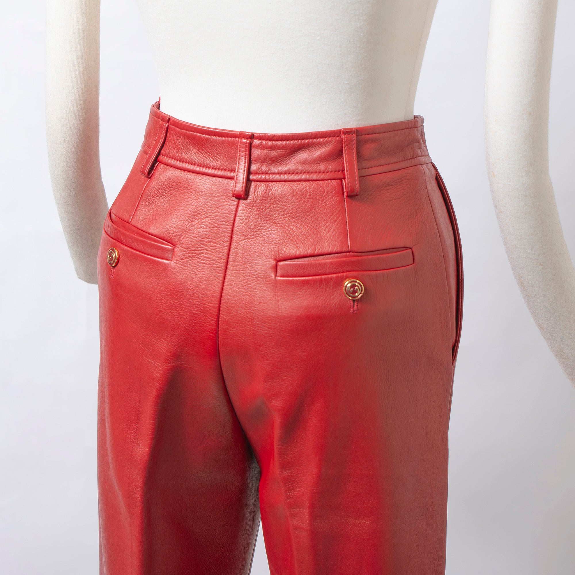 グッチ GUCCI 2020プレフォールコレクション レザー フレアパンツ レッド 本革 40 レディース ハイウエスト イタリア ボトムス トラウザー