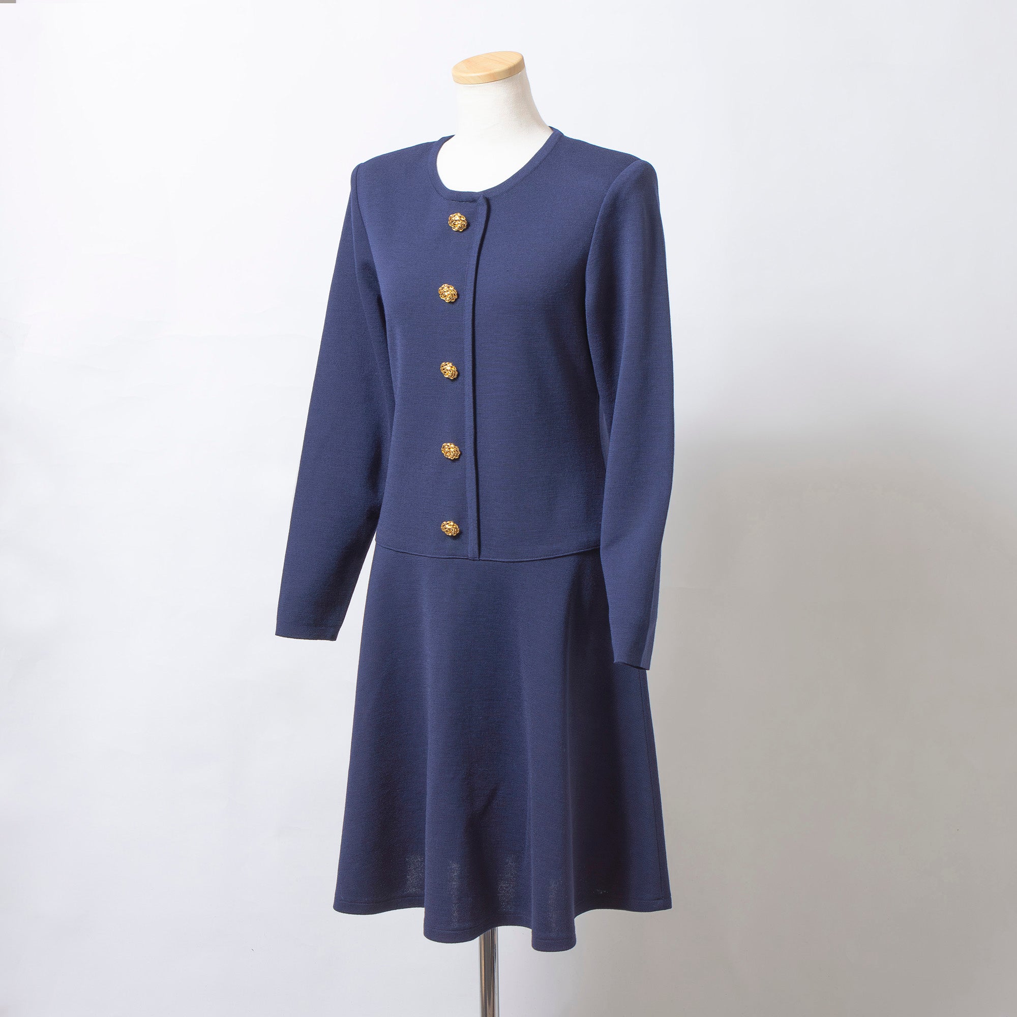 イヴサンローラン Yves Saint Laurent ニットワンピース ネイビー M ゴールドボタン フレアシルエット オールインワン ドレス プルオーバー
