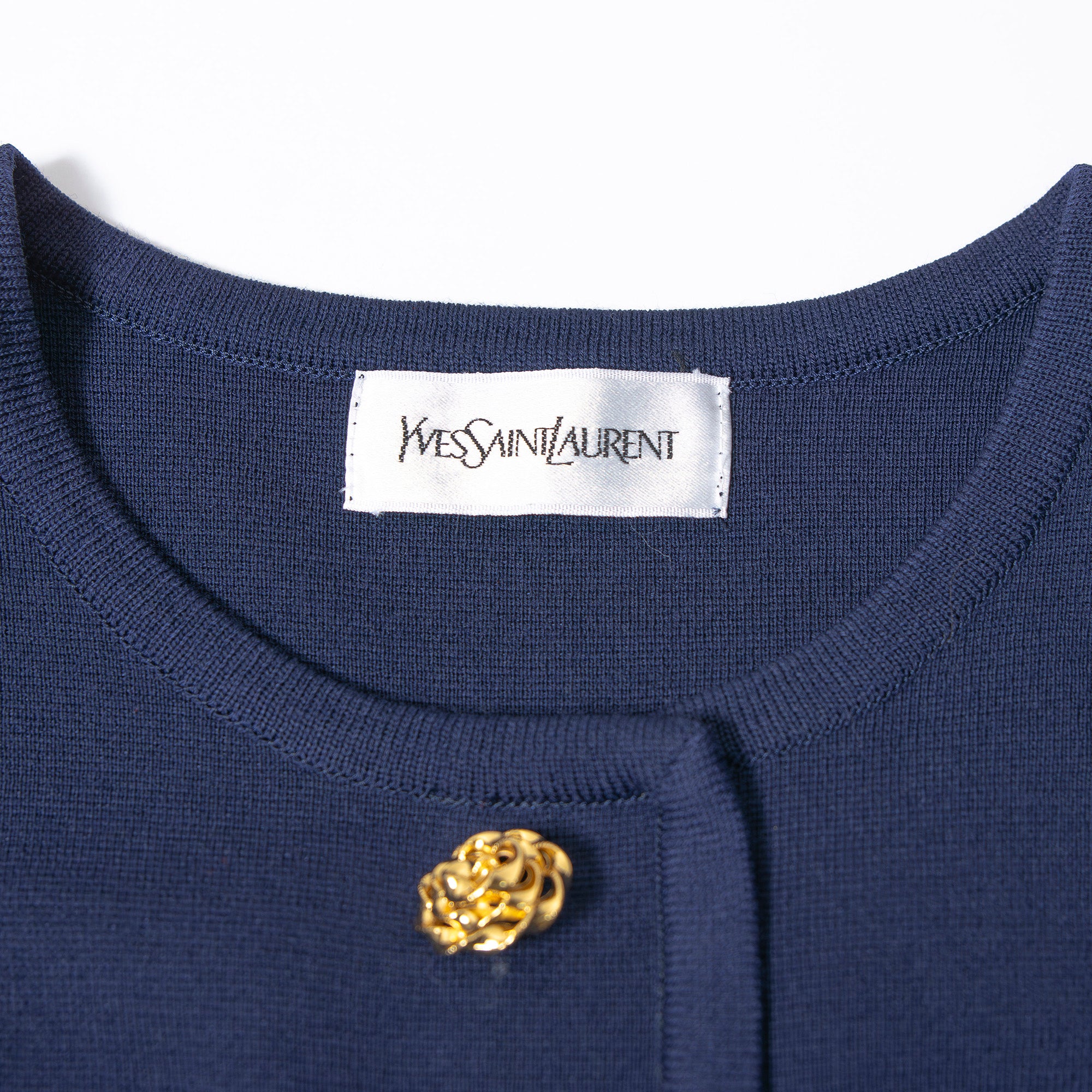 イヴサンローラン Yves Saint Laurent ニットワンピース ネイビー M ゴールドボタン フレアシルエット オールインワン ドレス プルオーバー