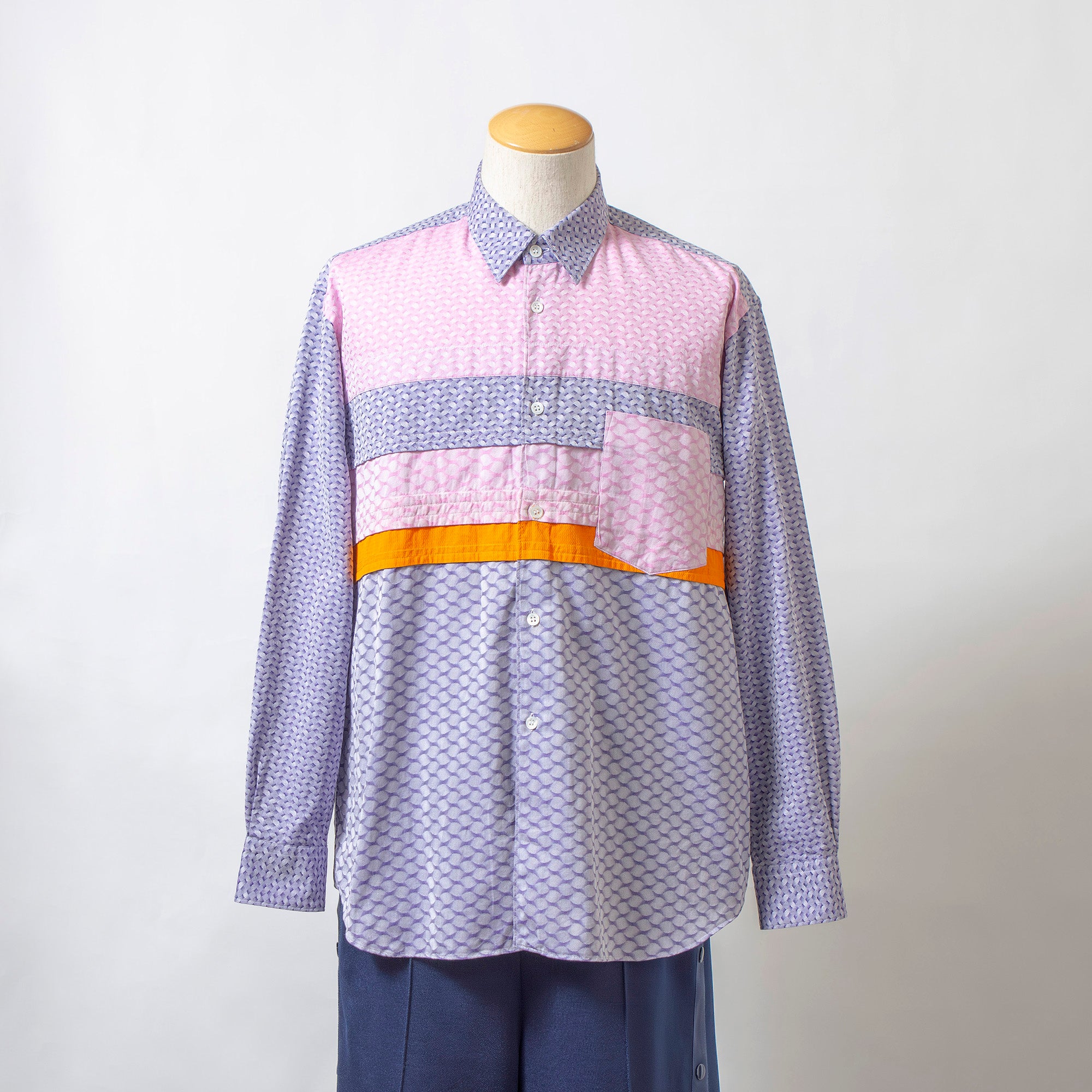 Comme des Garçons all-over patchwork shirt, multicolor, size S, made in France, featuring a Rei Kawakubo motif. Long-sleeved top.