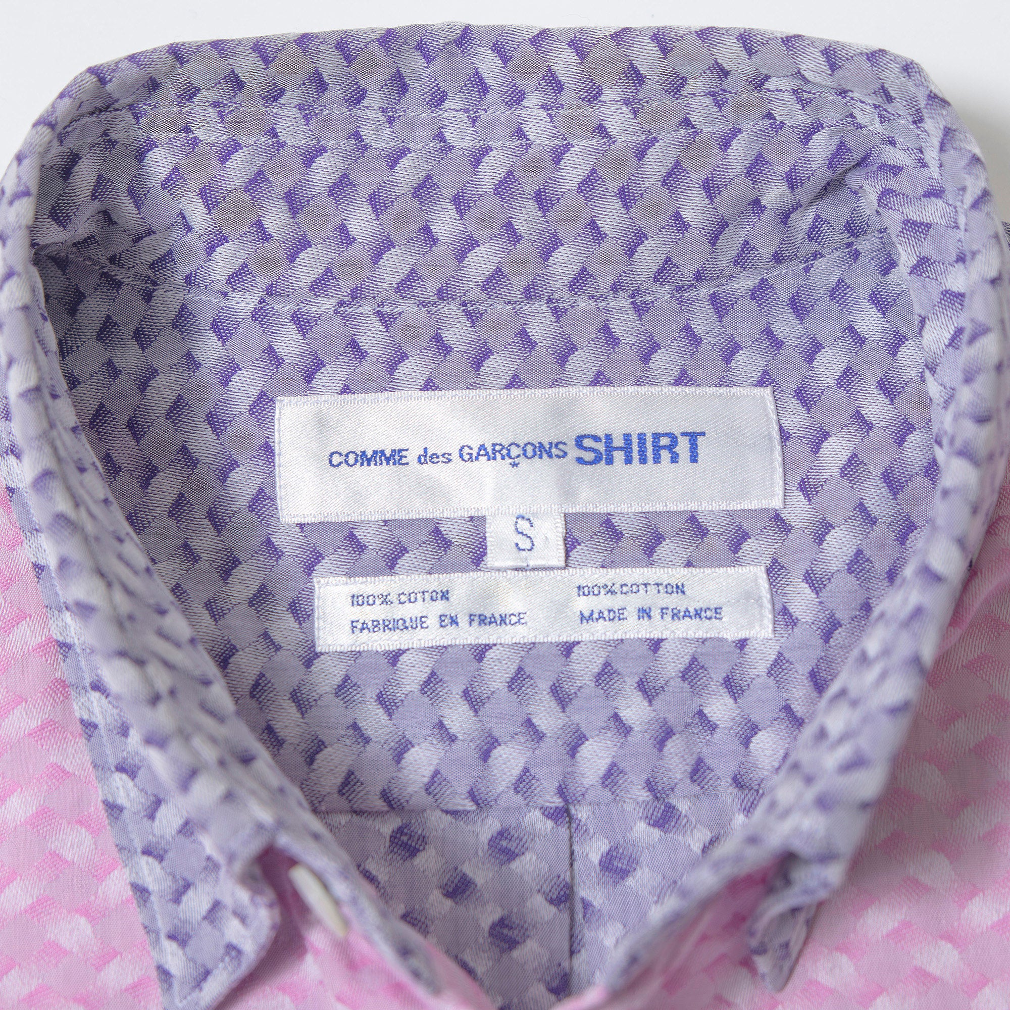 Comme des Garçons all-over patchwork shirt, multicolor, size S, made in France, featuring a Rei Kawakubo motif. Long-sleeved top.