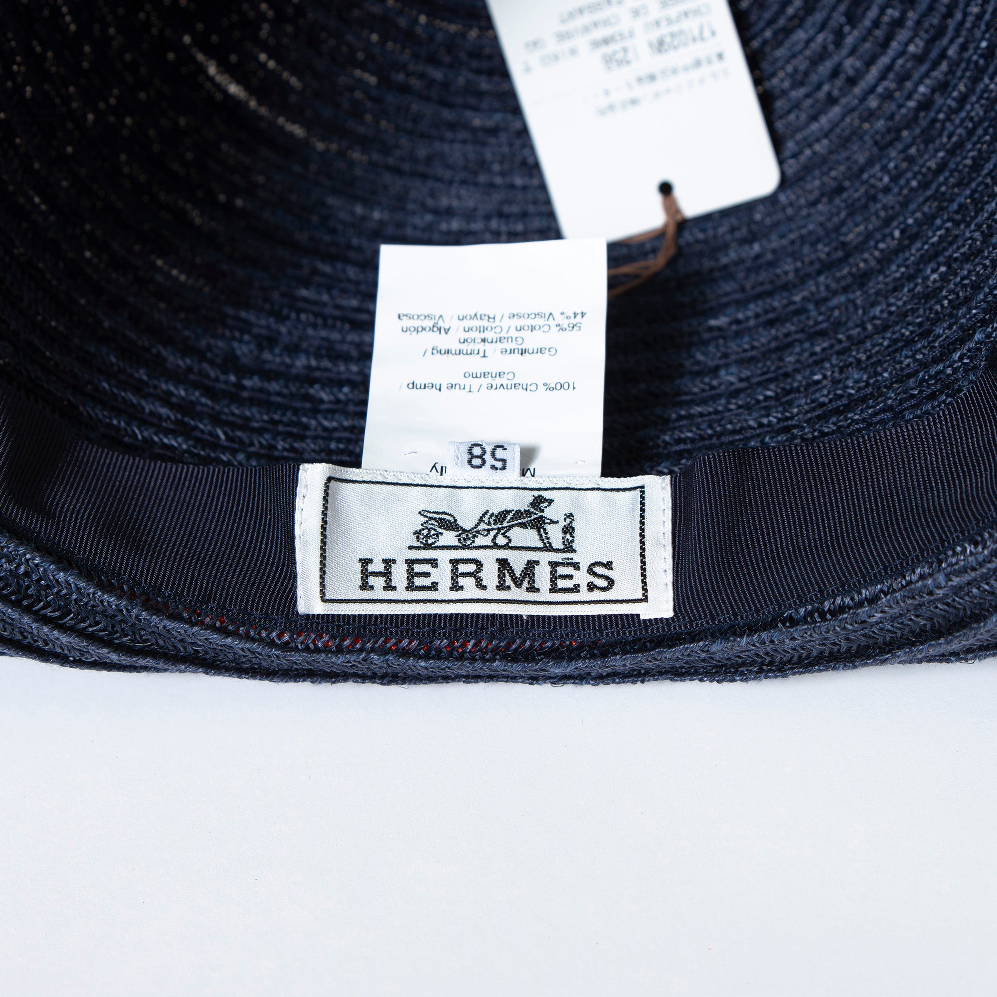 エルメス HERMES ストローハット ネイビー 58 レディース イタリア製 ◆新品未使用◆ ヘンプ コットン ビスコース 帽子 ハット 箱付き 春夏