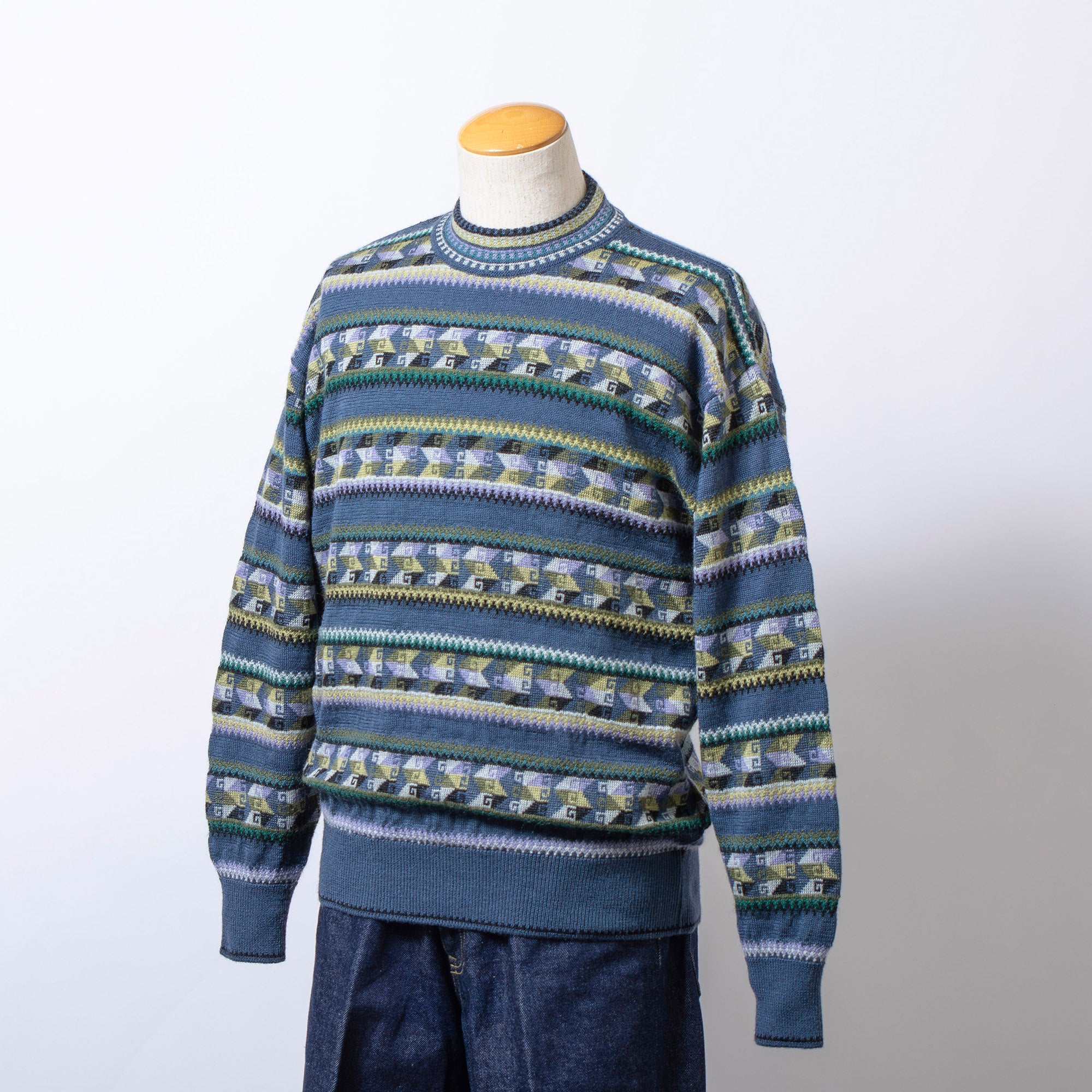 ケンゾー KENZO プルオーバーニット マルチパターン アルパカ混 モックネック 総柄 ボーダー メンズ 80s 90s オールドケンゾー セーター