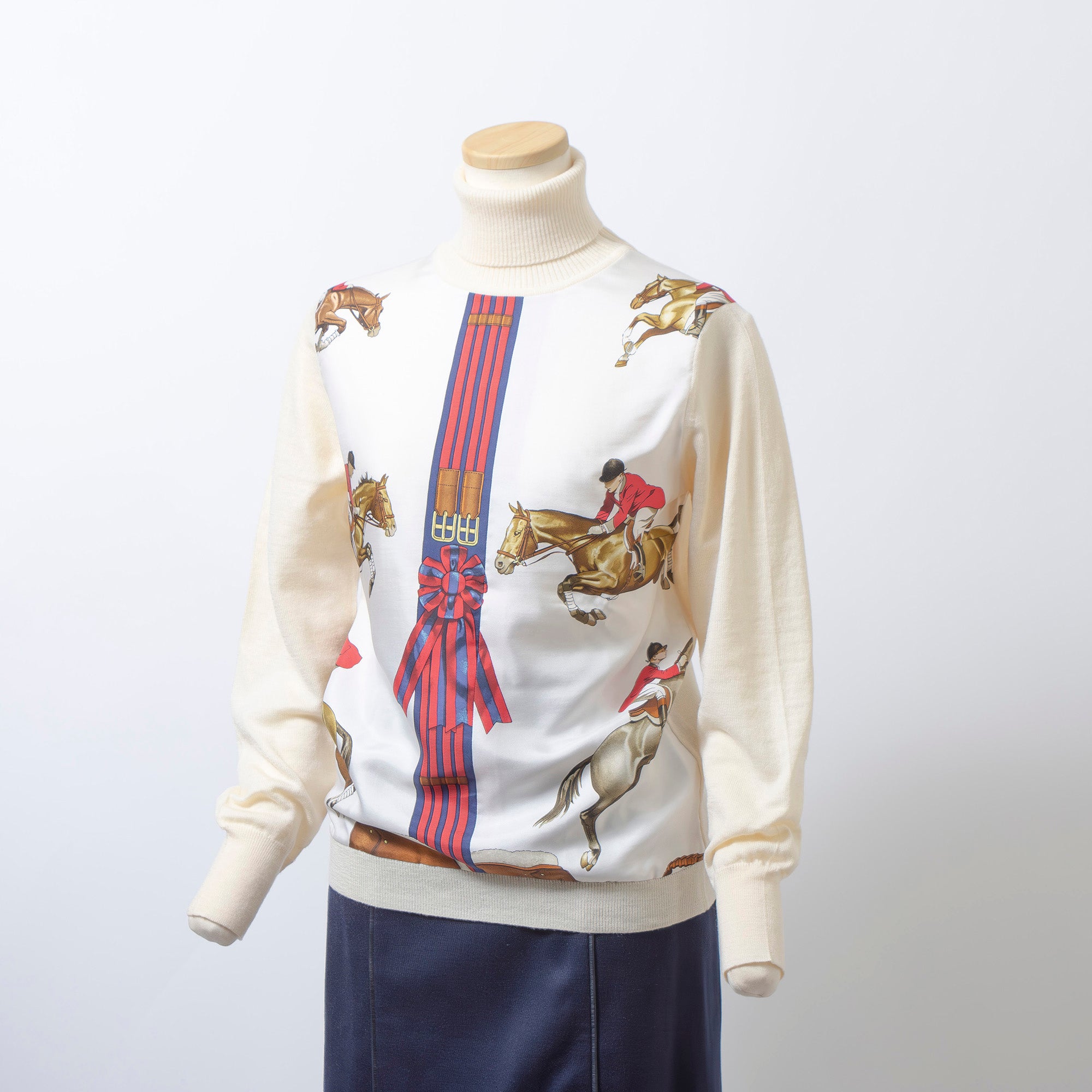 エルメス HERMES ツイルレーヌ タートルネックニット アイボリー 38 レディース フランス製 スカーフ切り替 トップス ロングスリーブ 長袖