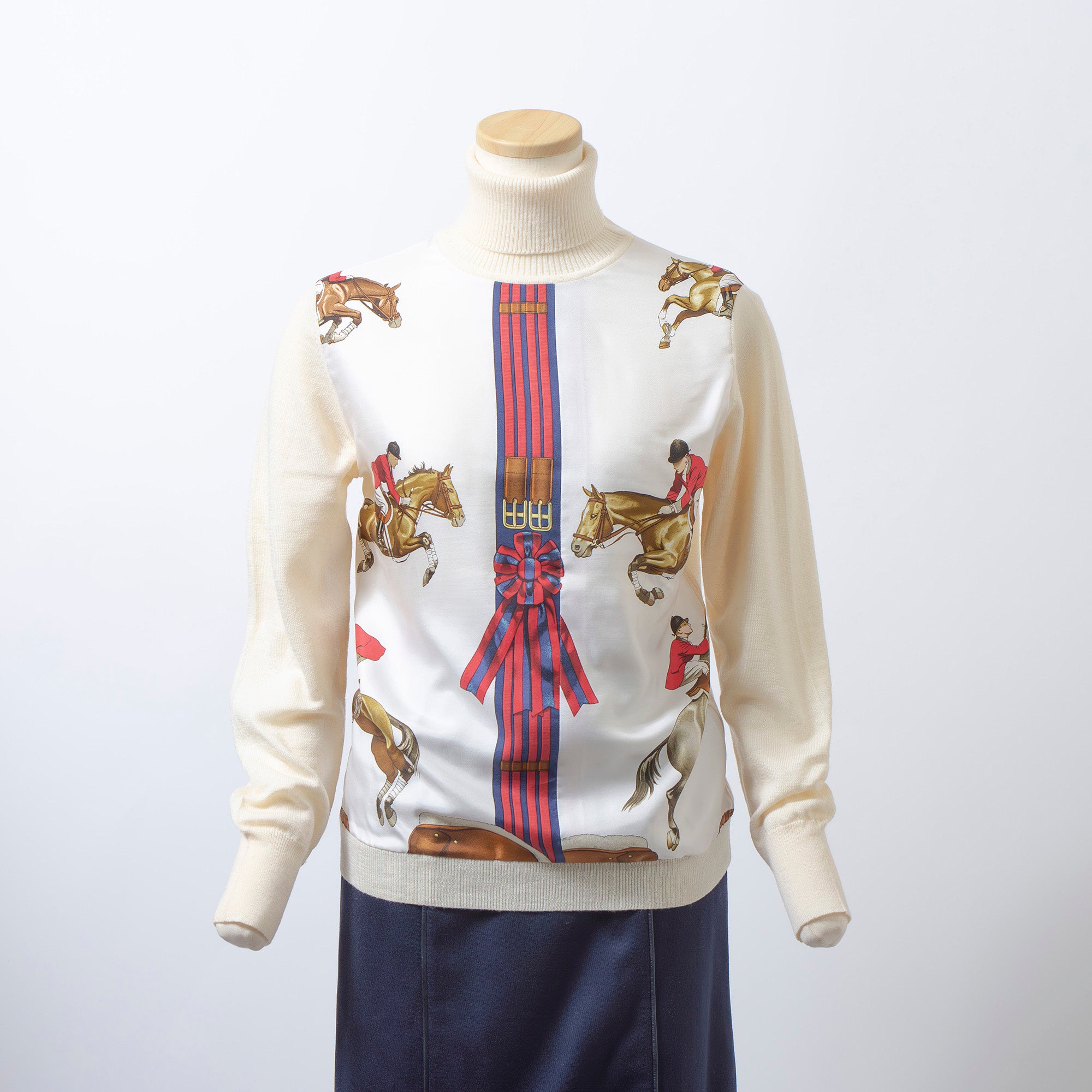 エルメス HERMES ツイルレーヌ タートルネックニット アイボリー 38 レディース フランス製 スカーフ切り替 トップス ロングスリーブ 長袖