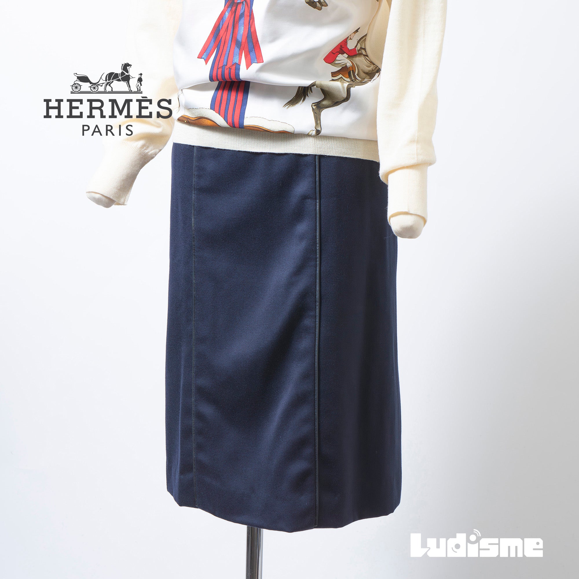 エルメス HERMES スカート ミディ丈 ネイビー 36 レディース フランス製 レザートリミング ボトムス コクーンスカート スクエアスカート