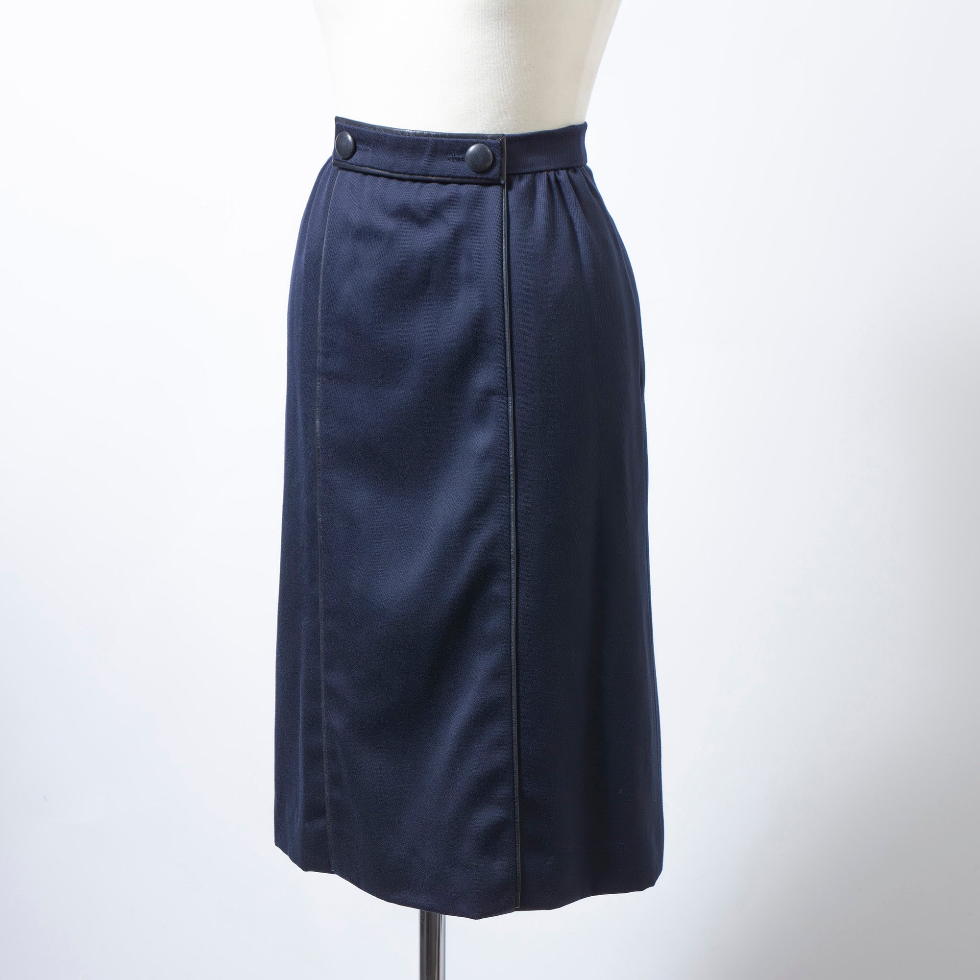 エルメス HERMES スカート ミディ丈 ネイビー 36 レディース フランス製 レザートリミング ボトムス コクーンスカート スクエアスカート
