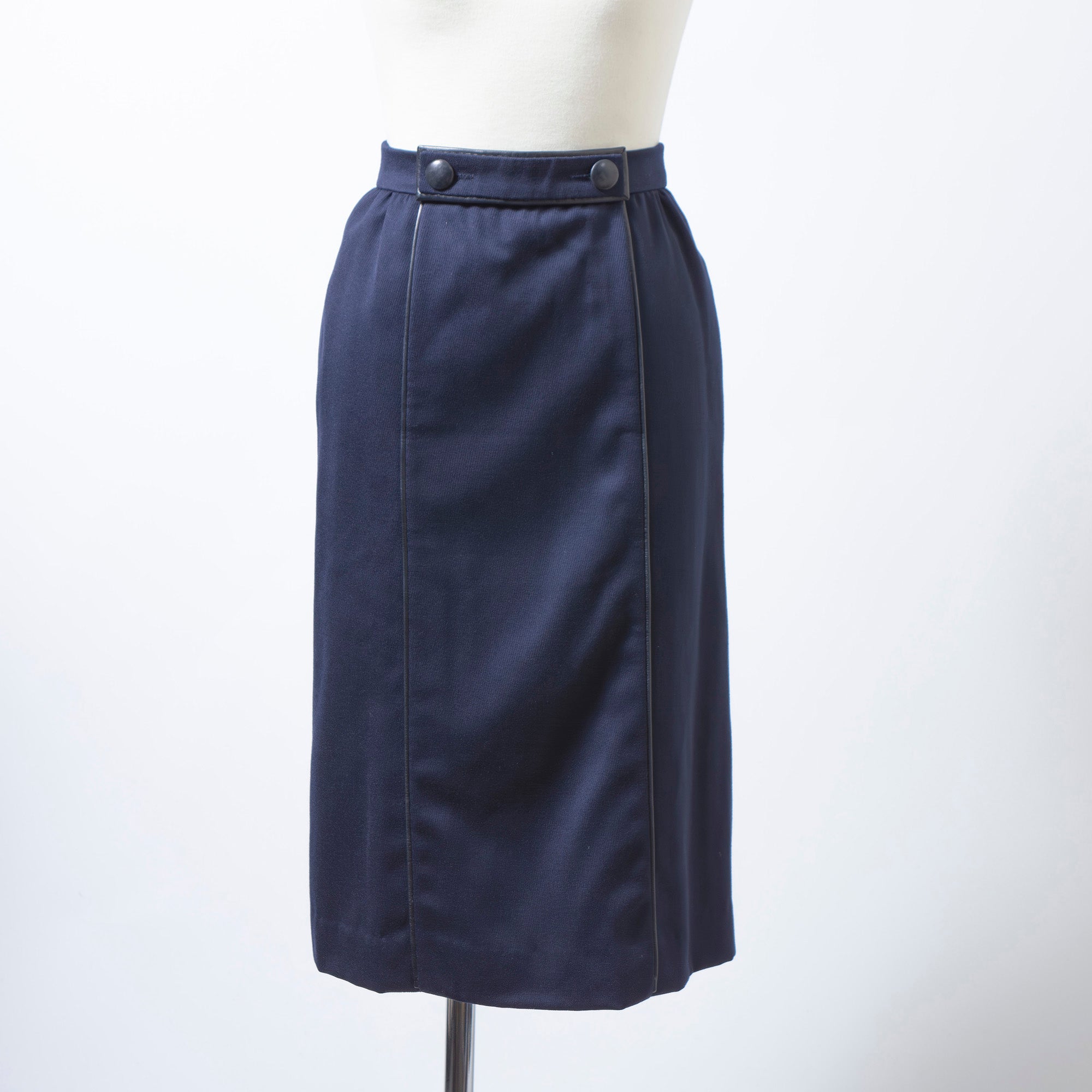 エルメス HERMES スカート ミディ丈 ネイビー 36 レディース フランス製 レザートリミング ボトムス コクーンスカート スクエアスカート