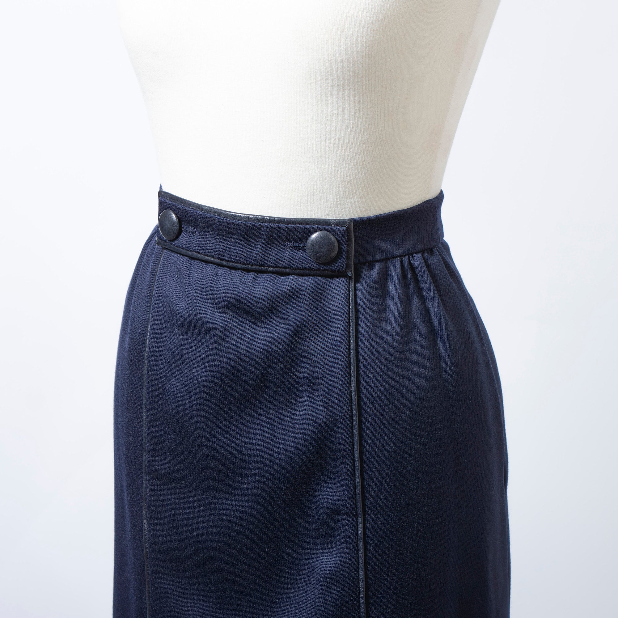 エルメス HERMES スカート ミディ丈 ネイビー 36 レディース フランス製 レザートリミング ボトムス コクーンスカート スクエアスカート