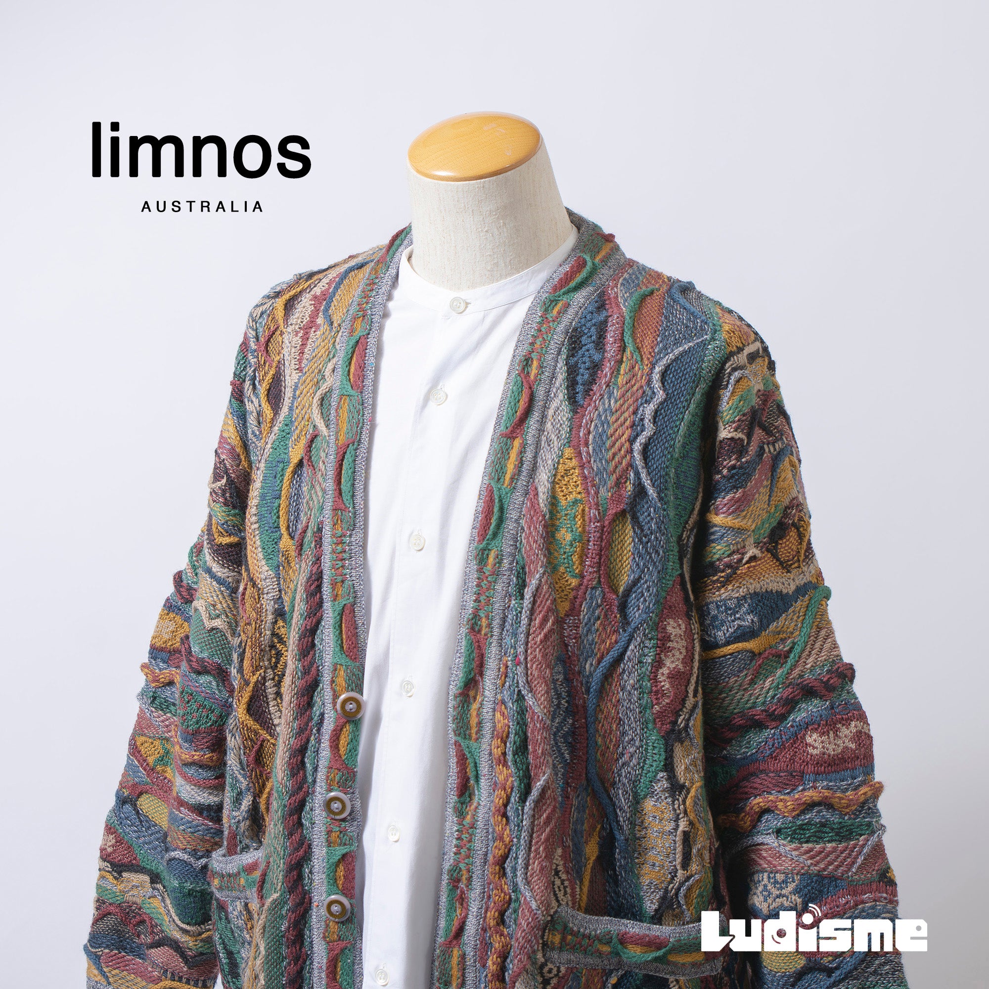 オーストラリア LIMNOS ヴィンテージ 3Dニット カーディガン マルチカラー 総柄 デザインニット メンズ レディース ユニセックス トップス
