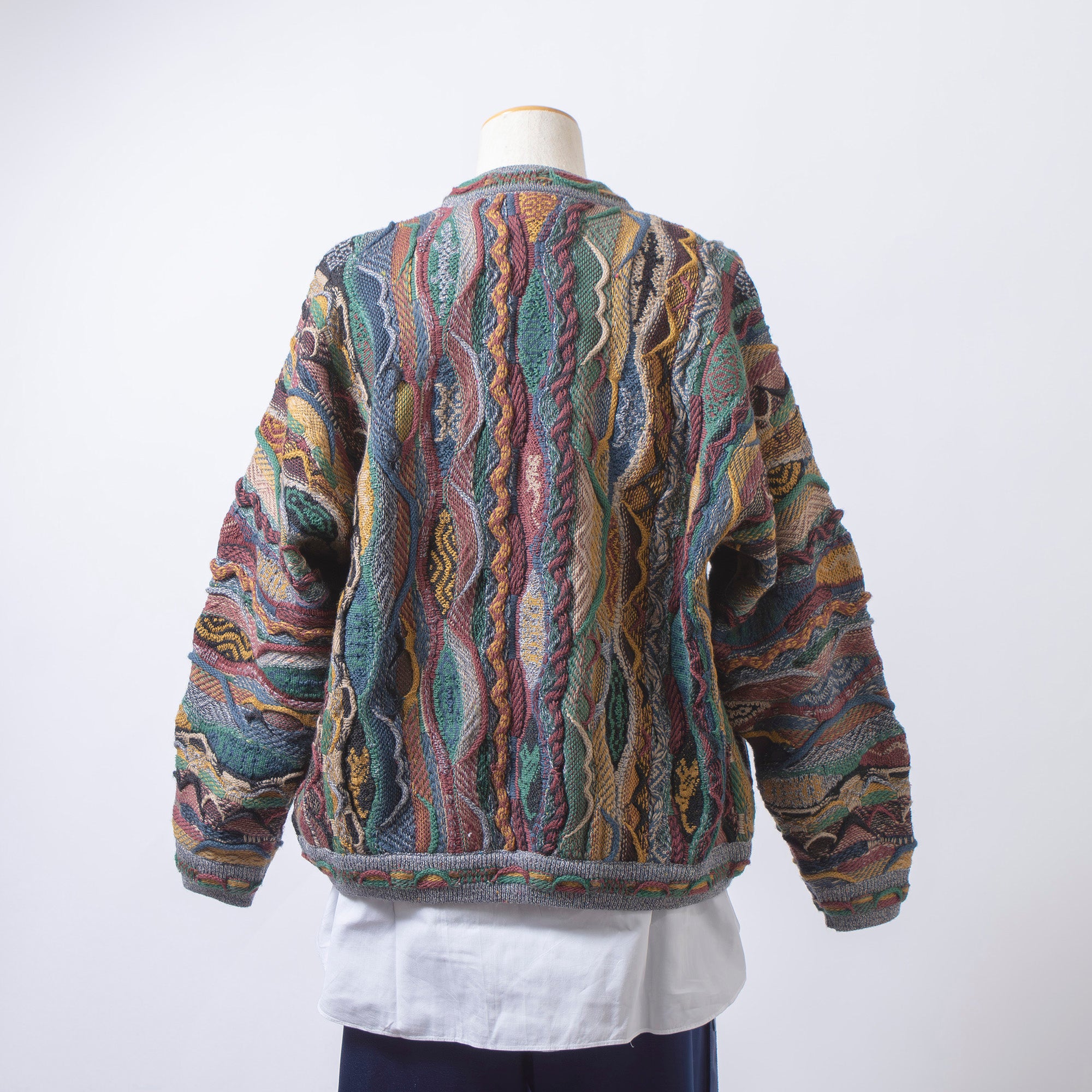 オーストラリア LIMNOS ヴィンテージ 3Dニット カーディガン マルチカラー 総柄 デザインニット メンズ レディース ユニセックス トップス