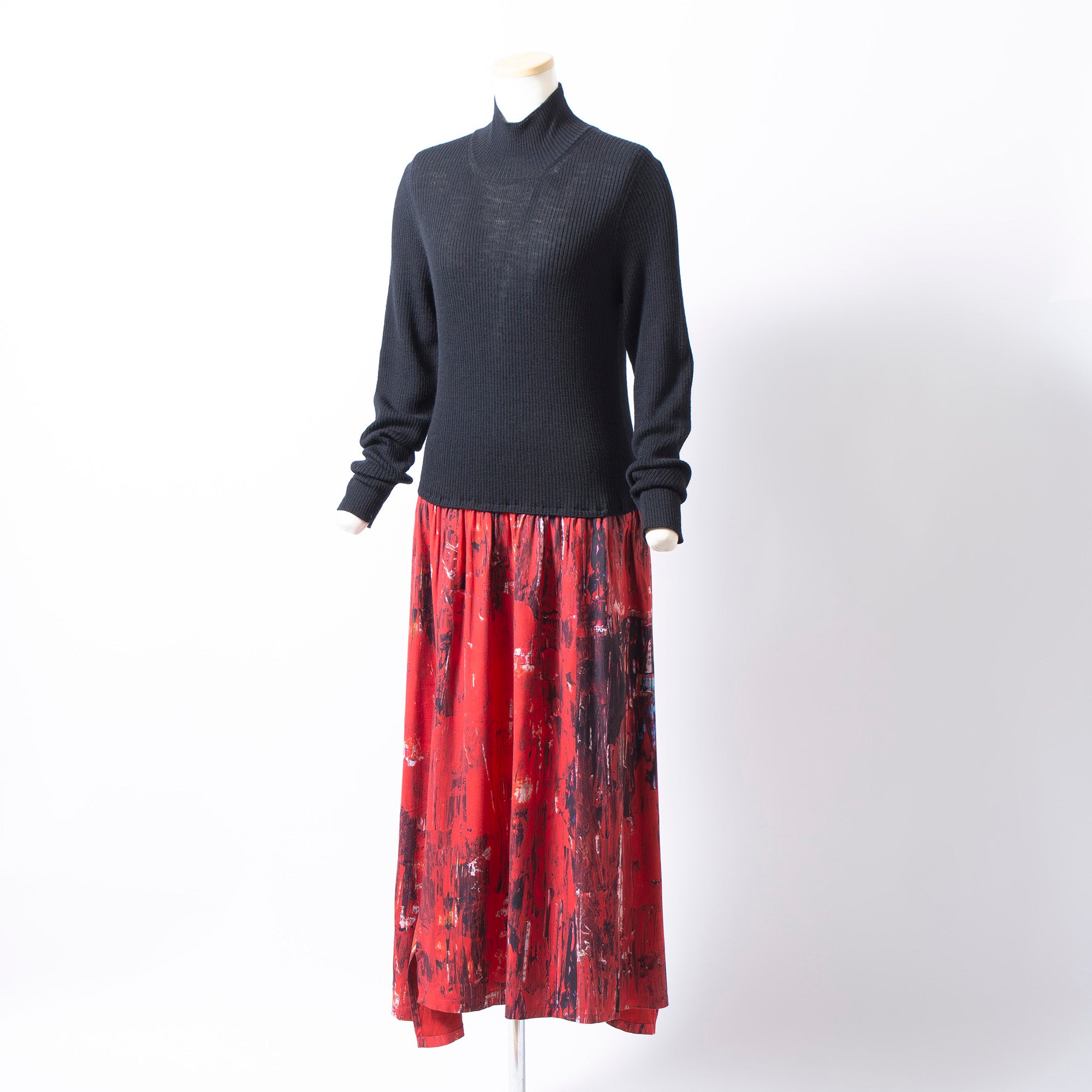 ワイズ Y's ヨウジヤマモト Yohji Yamamoto ドッキングワンピース ニット切替 黒 赤 総柄 ロングドレス 2023AW レディース 日本製