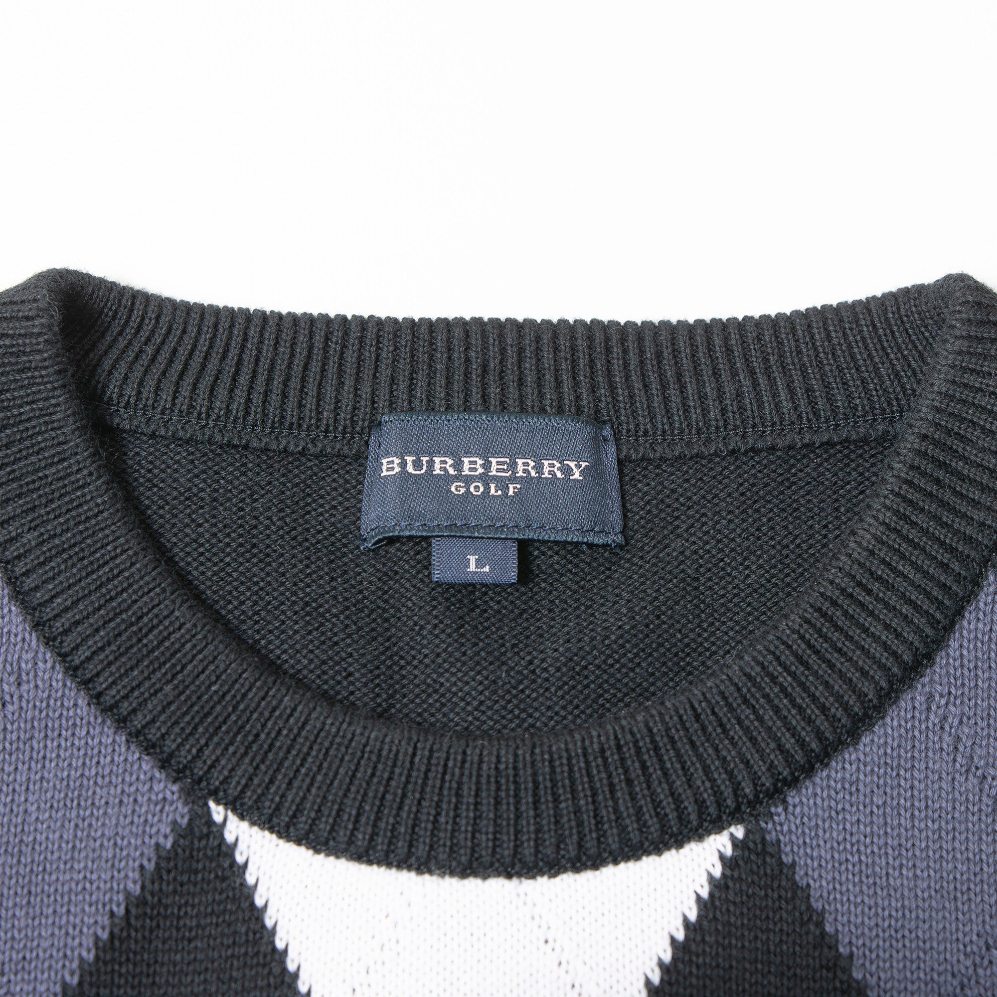 バーバリー BURBERRY Golf アーガイル ニット セーター ブラック コットン100％ メンズ L 日本製 クルーネック ロゴ刺繍 トップス トラッド