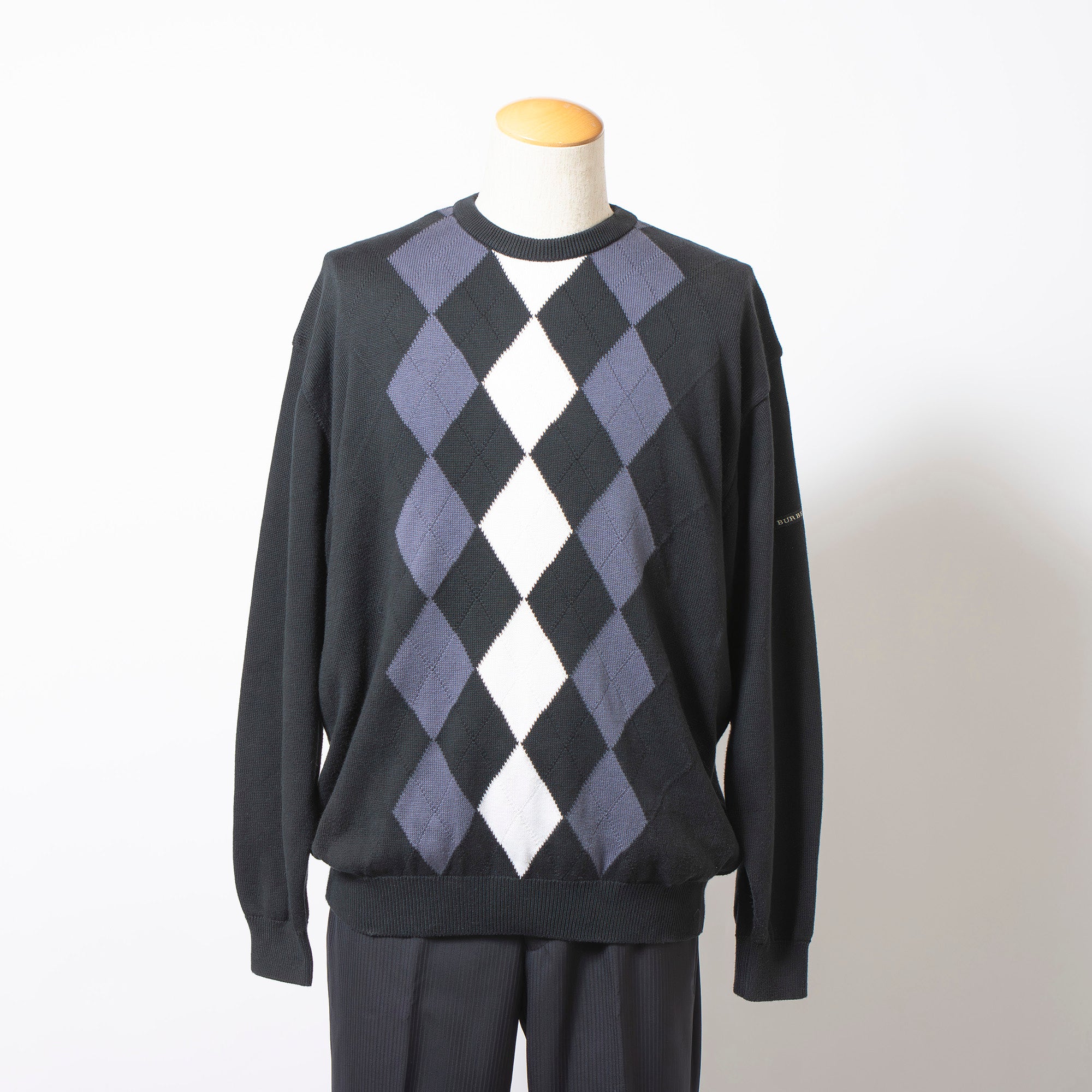 バーバリー BURBERRY Golf アーガイル ニット セーター ブラック コットン100％ メンズ L 日本製 クルーネック ロゴ刺繍 トップス トラッド