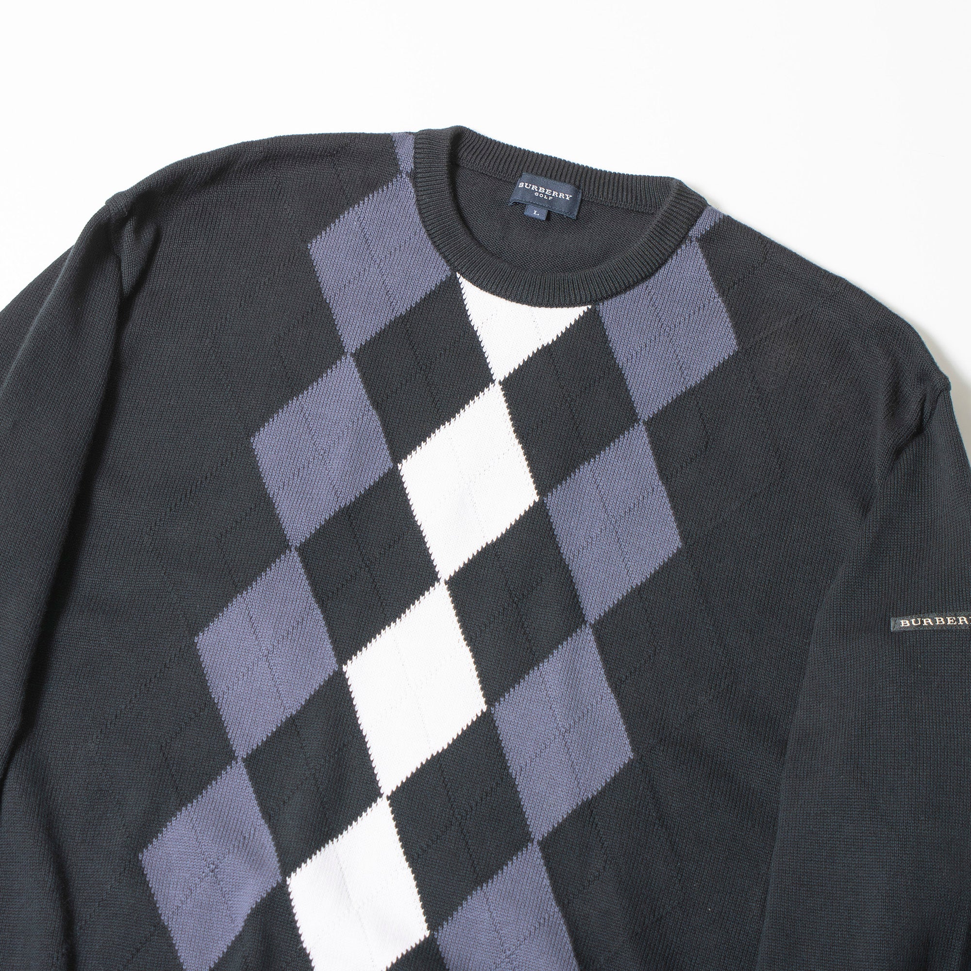 バーバリー BURBERRY Golf アーガイル ニット セーター ブラック コットン100％ メンズ L 日本製 クルーネック ロゴ刺繍 トップス トラッド