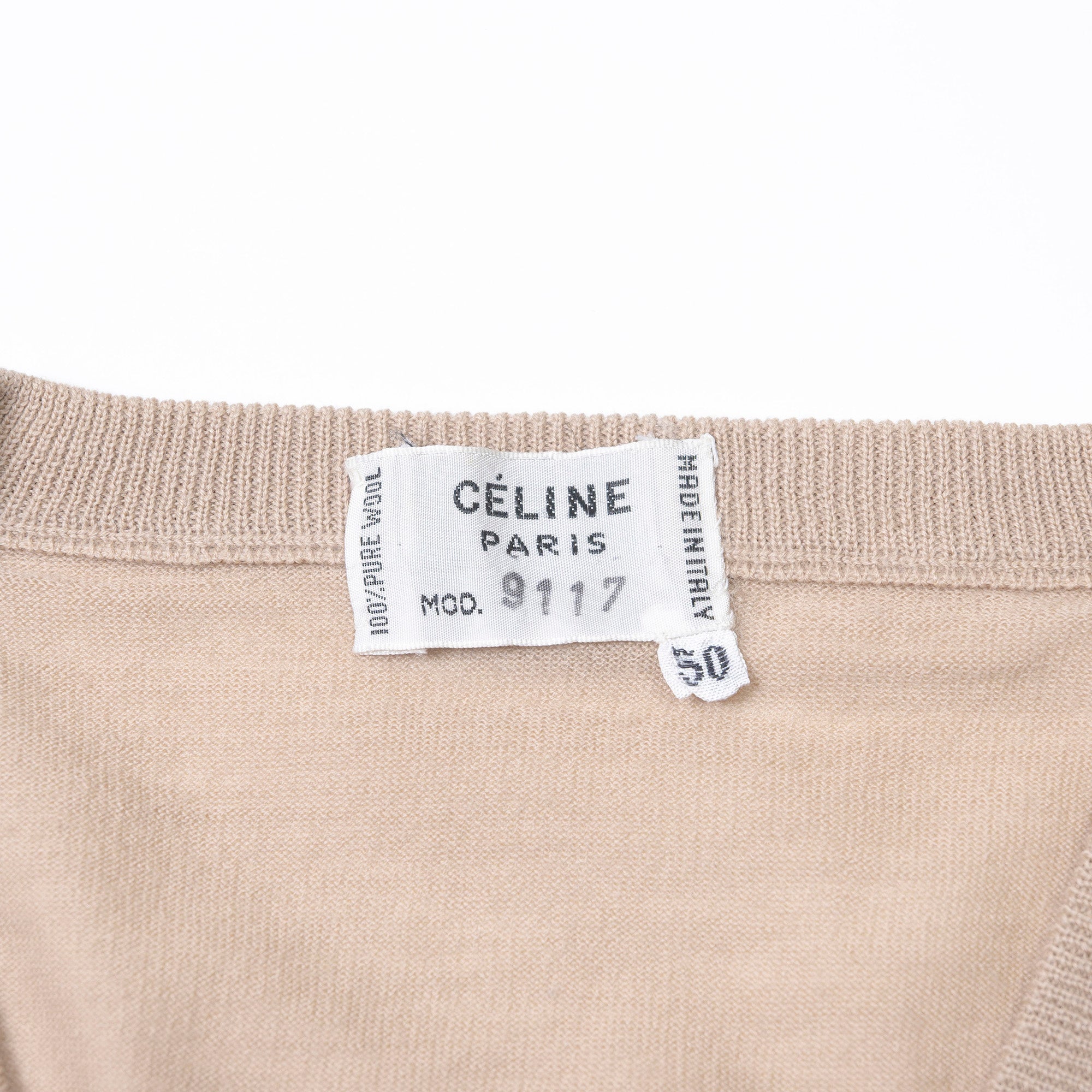 セリーヌ CELINE Vネック ニットベスト ベージュ ユニセックス 50 ウール ロゴ刺繍 イタリア製 ノースリーブ メンズ レディース レイヤード