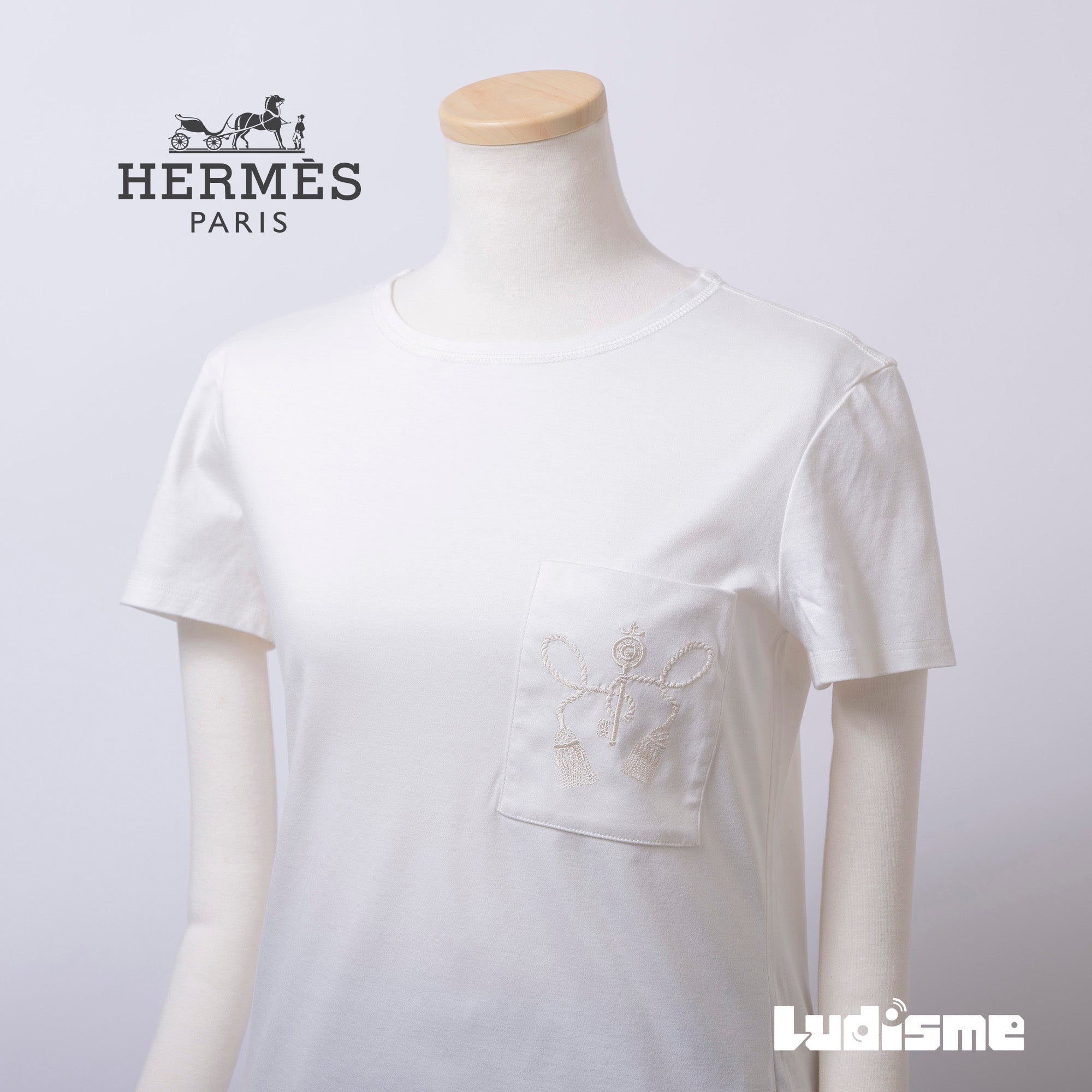 エルメス HERMES クルーネックポケットTシャツ ホワイト レディース 34 フランス製 刺繍ロゴ ポケットT 半袖Tシャツ 白 カットソー